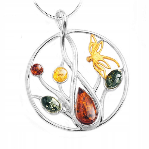 Stříbrný Přívěsek Kolo vážka přívěsek s přírodními Jantary stříbro 925