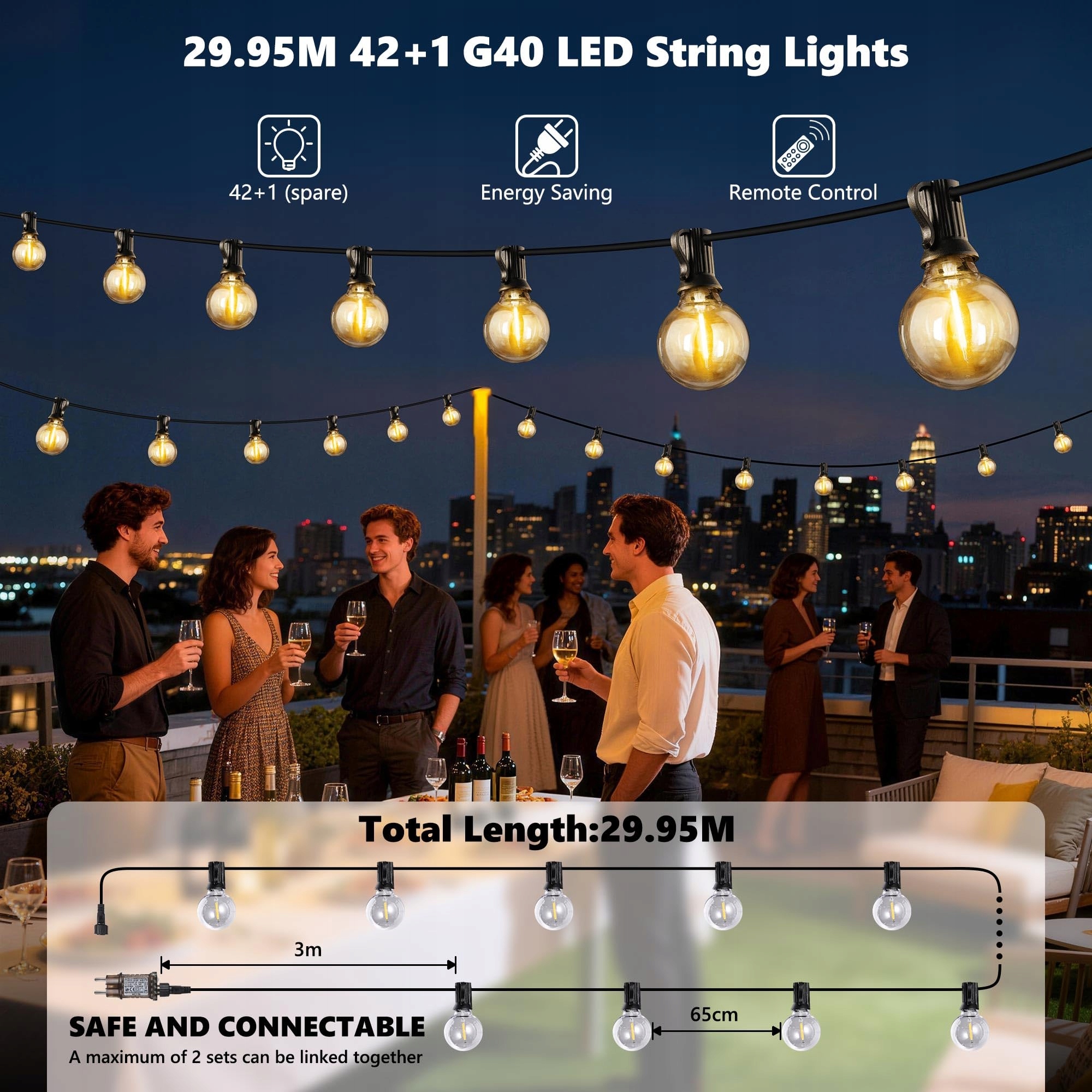 JOOMER Zewnętrzne Lampki LED 30M 42+1 G40 Żarówki Wodoodporne Dimmable — miniatura 5
