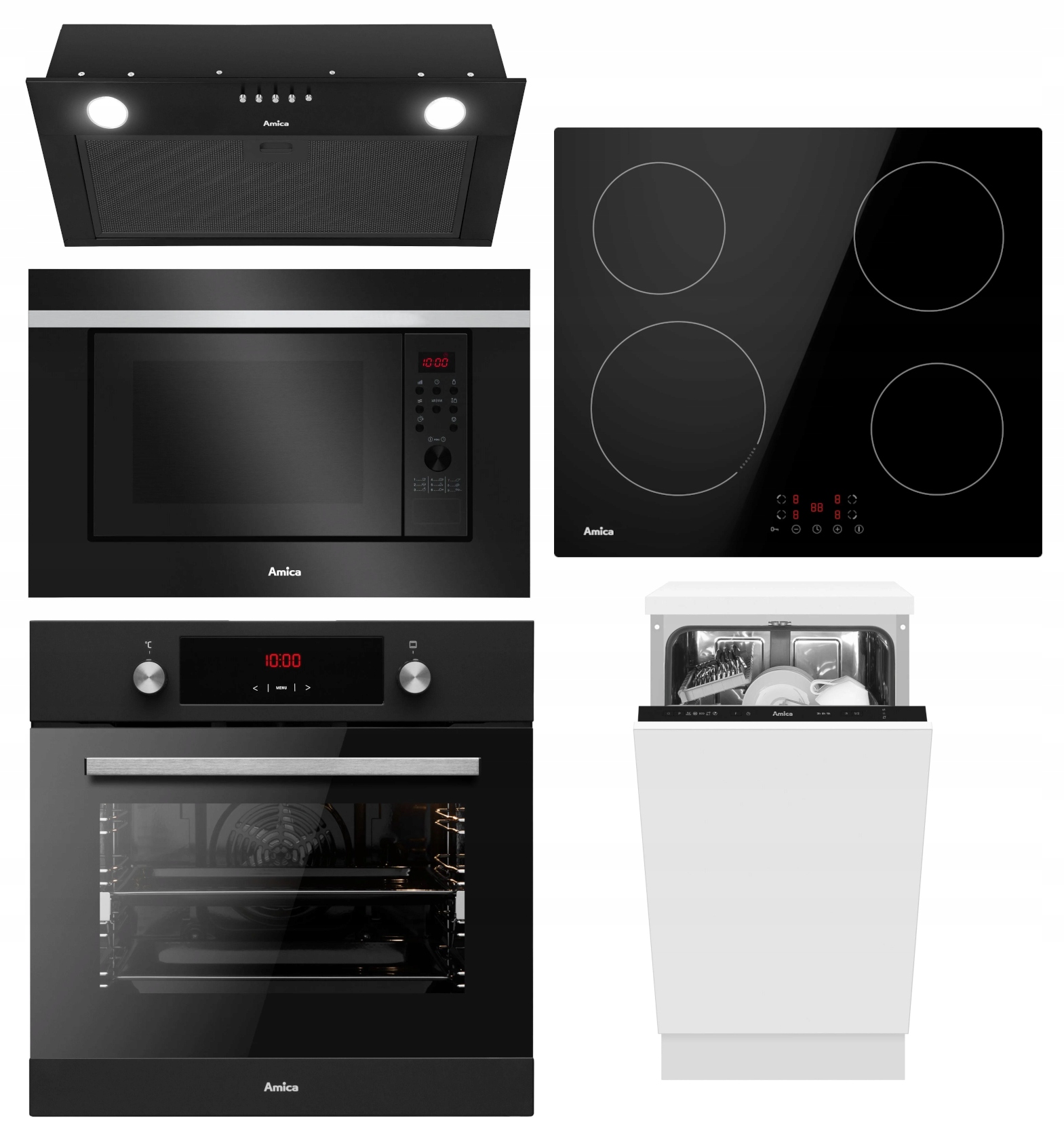 Zestaw AGD do zabudowy Amica: piekarnik, płyta indukcyjna, zmywarka