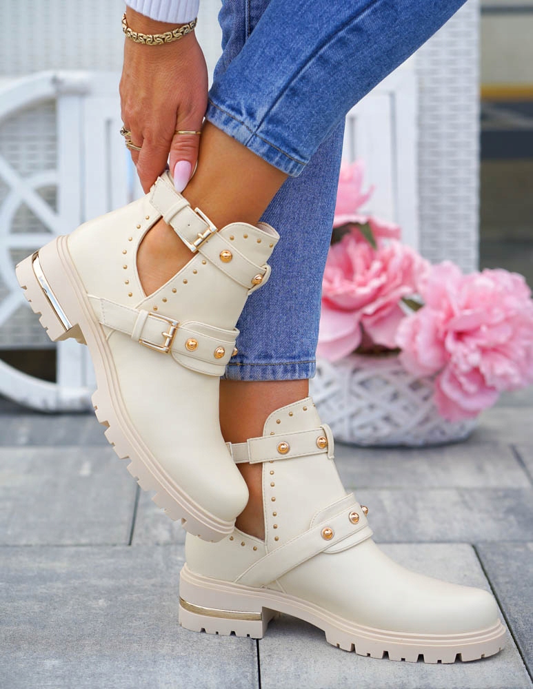 Beżowe Botki Damskie Ze Skóry Z Wycięciem Jannet40 Kolor beżowy