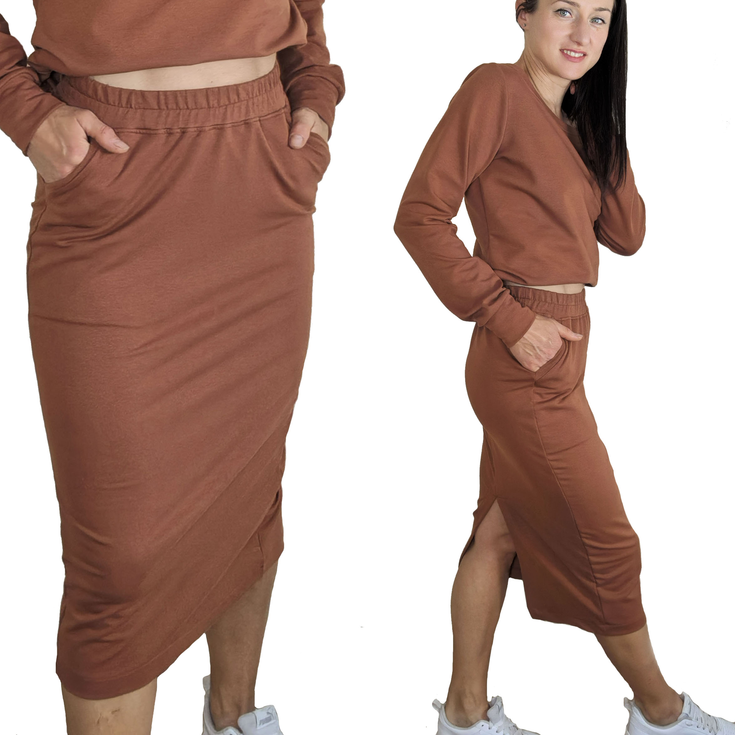 spódnica dresowa ołówkowa z kieszeniami i rozporkiem ruda Moli midi 3XL