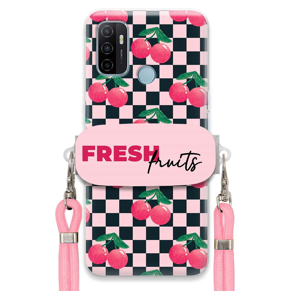 Puzdro pre Oppo A53s Vodítko Pink Crossbody+ Funkčný držiak Fresh Fruits
