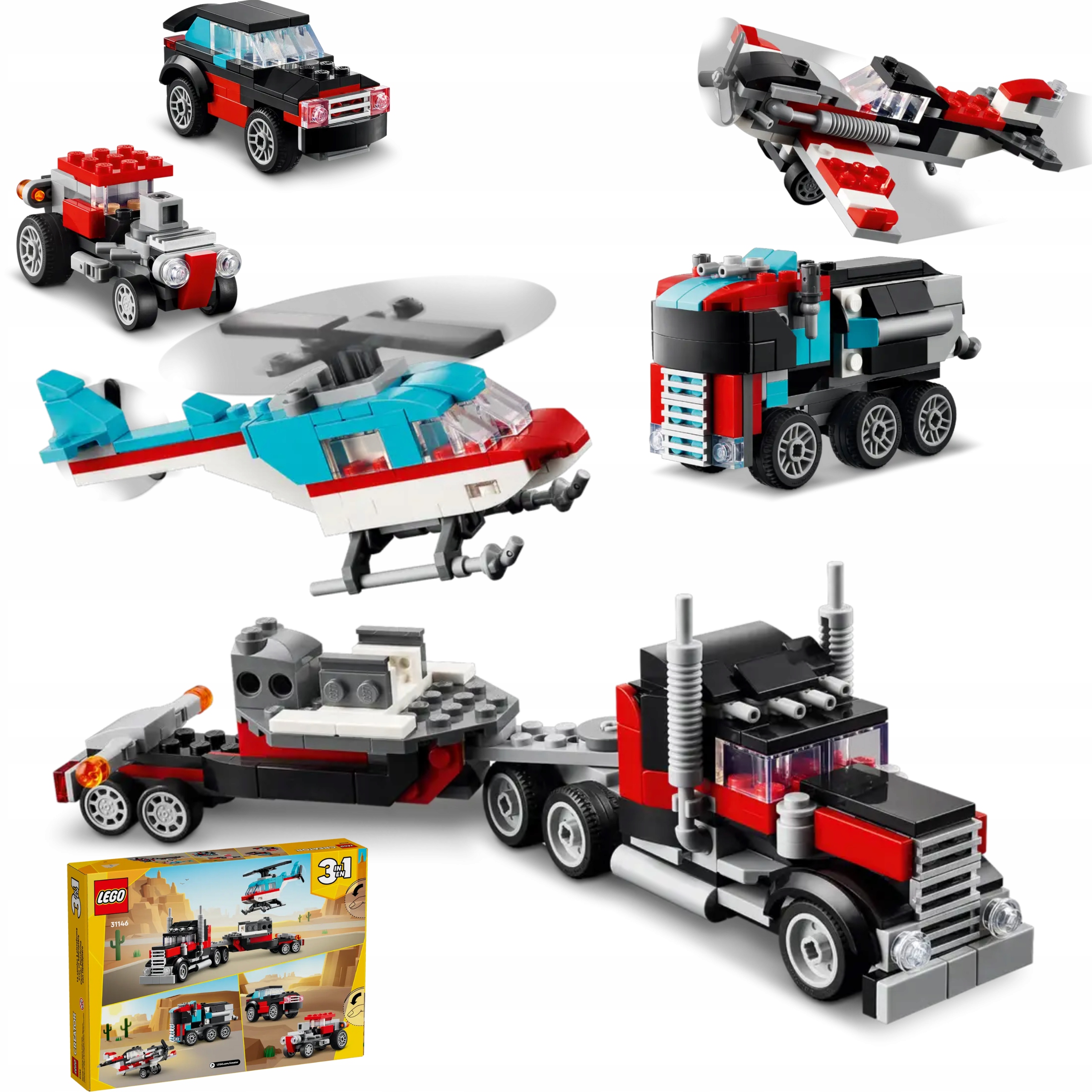 KLOCKI LEGO CREATOR 31146 LAWETA CIĘŻARÓWKA Z PLATFORMĄ TIR Z HELIKOPTEREM