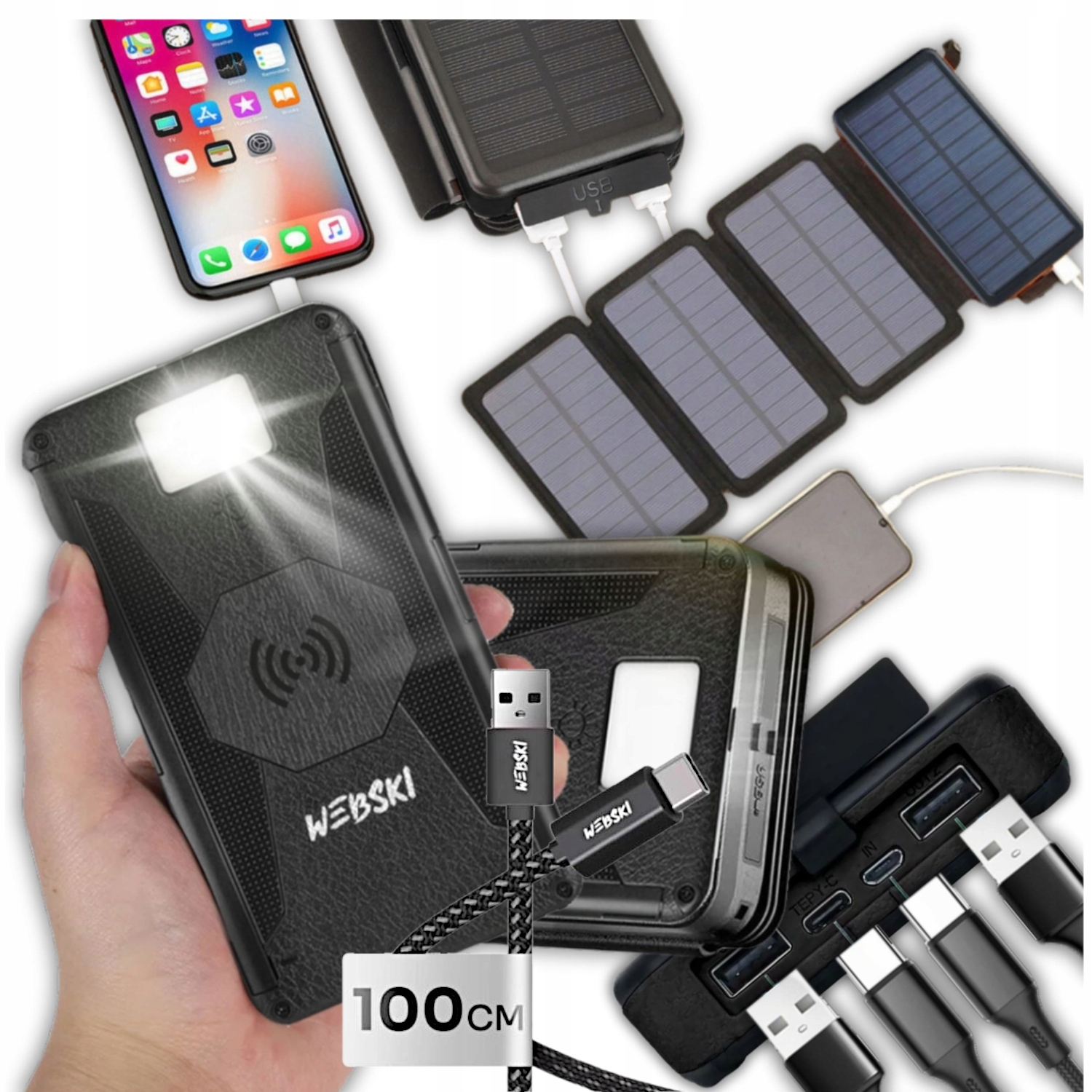 Solární Powerbanka 20000 mAh Solární Nabíječka Usb Kabel Pro Více Zařízení