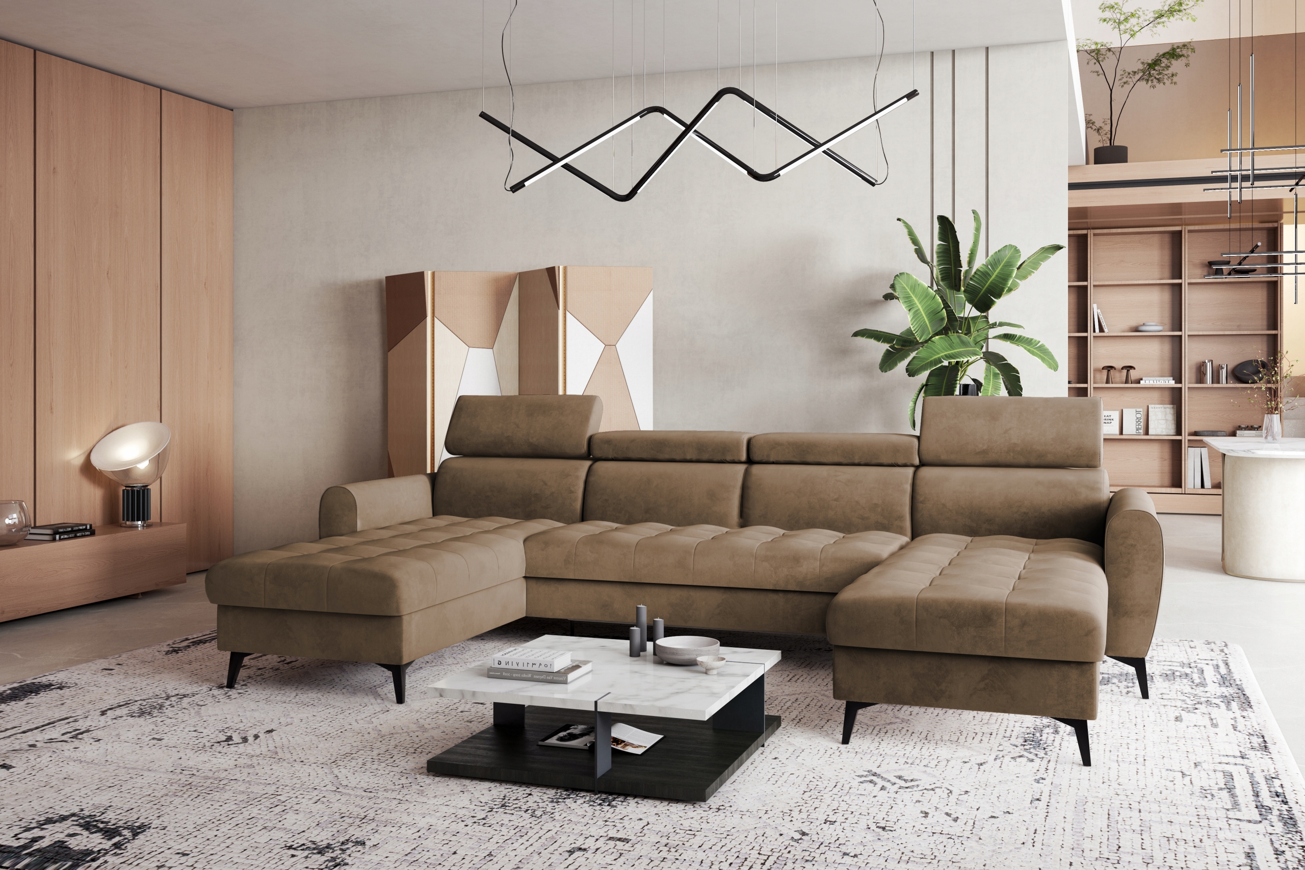 Pohodlný rohová sedací souprava Bjorn U s funkcí spaní v světle hnědé barvě