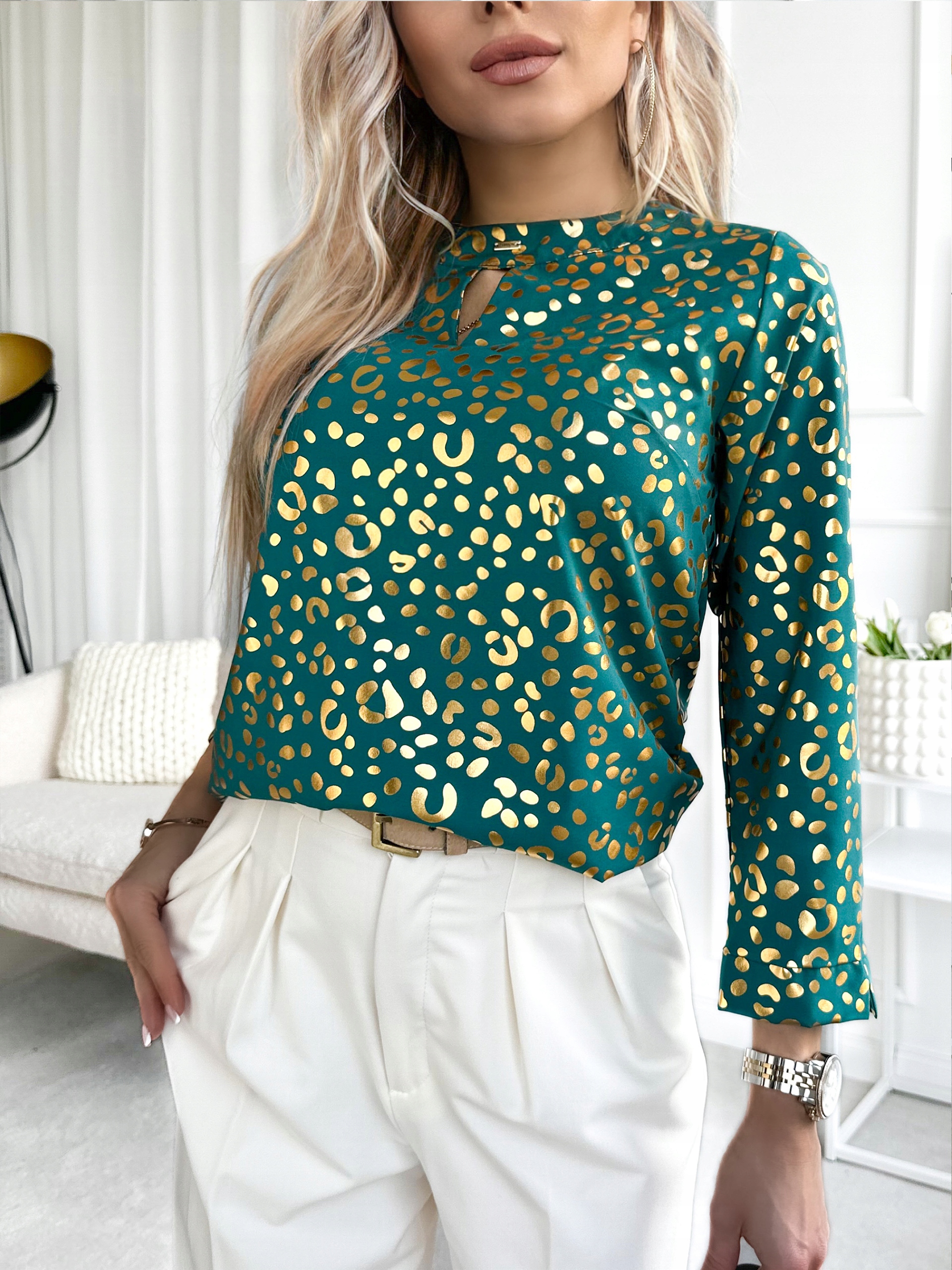Elegancka BLUZKA DAMSKA złoty print modna wygodna Kolor zielony