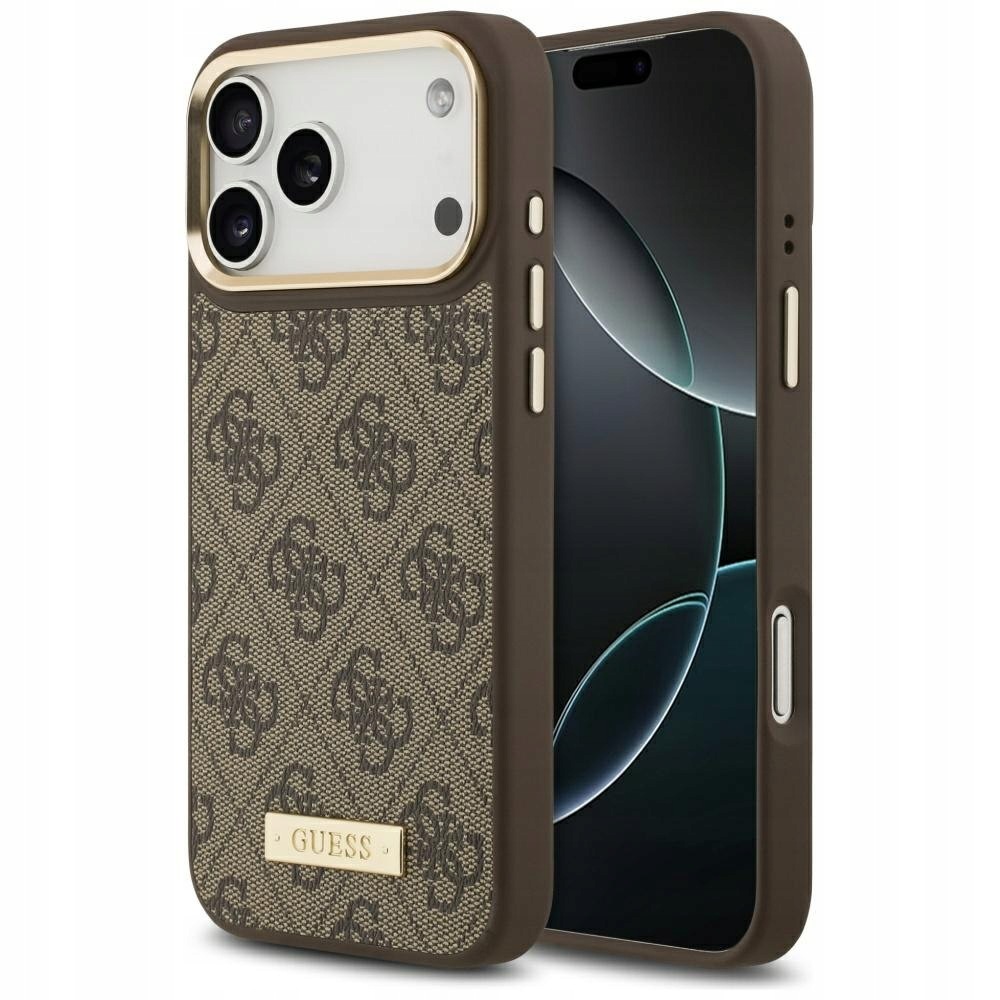 Etui Guess 4G Logo Plate MagSafe do iPhone 17 Pro Max brązowy