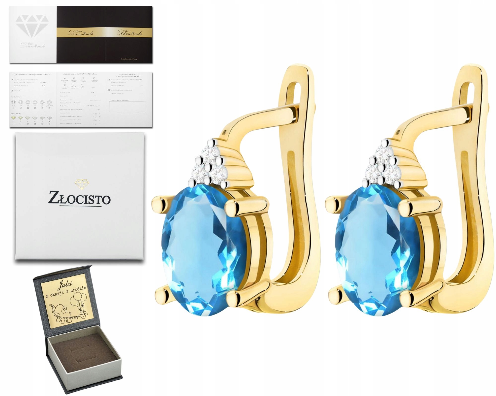 Žluté Zlato Náušnice Na Anglickém Zapínání S Topazem A Brilianty Zlato