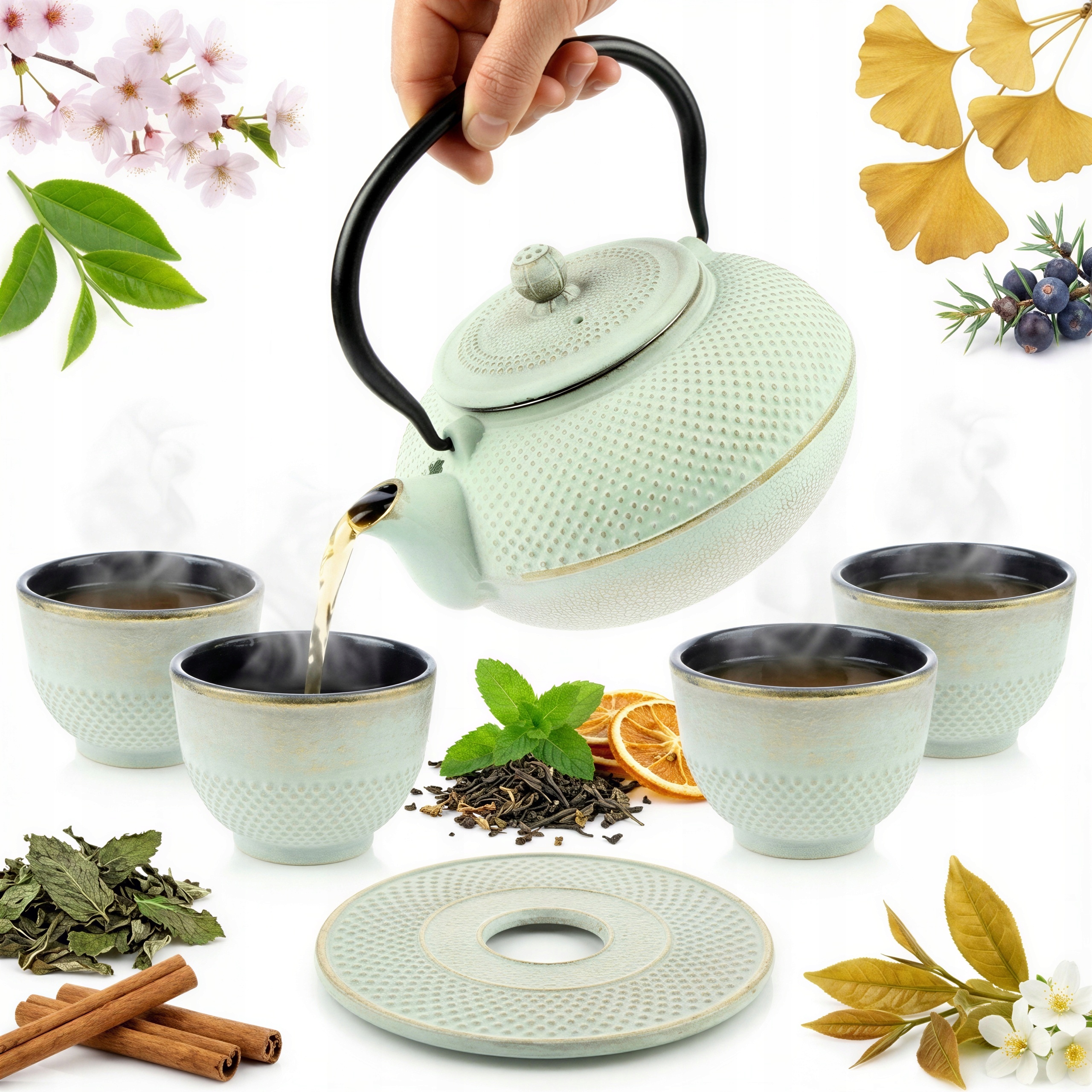 Kanvica Čajník Liatinová 1,5L Sada 5 Ks Mätová Ø 18 CM Na Čaj