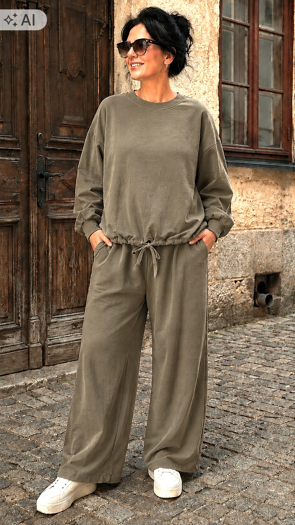 dámský italský komplet teplákovka mikina kalhoty Wiya bavlna zelená khaki uni