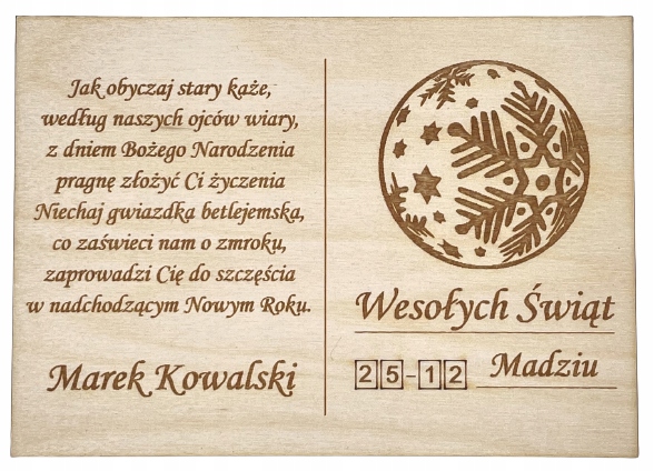

Kartka drewniana życzenia Wesołych Świąt Prezenty