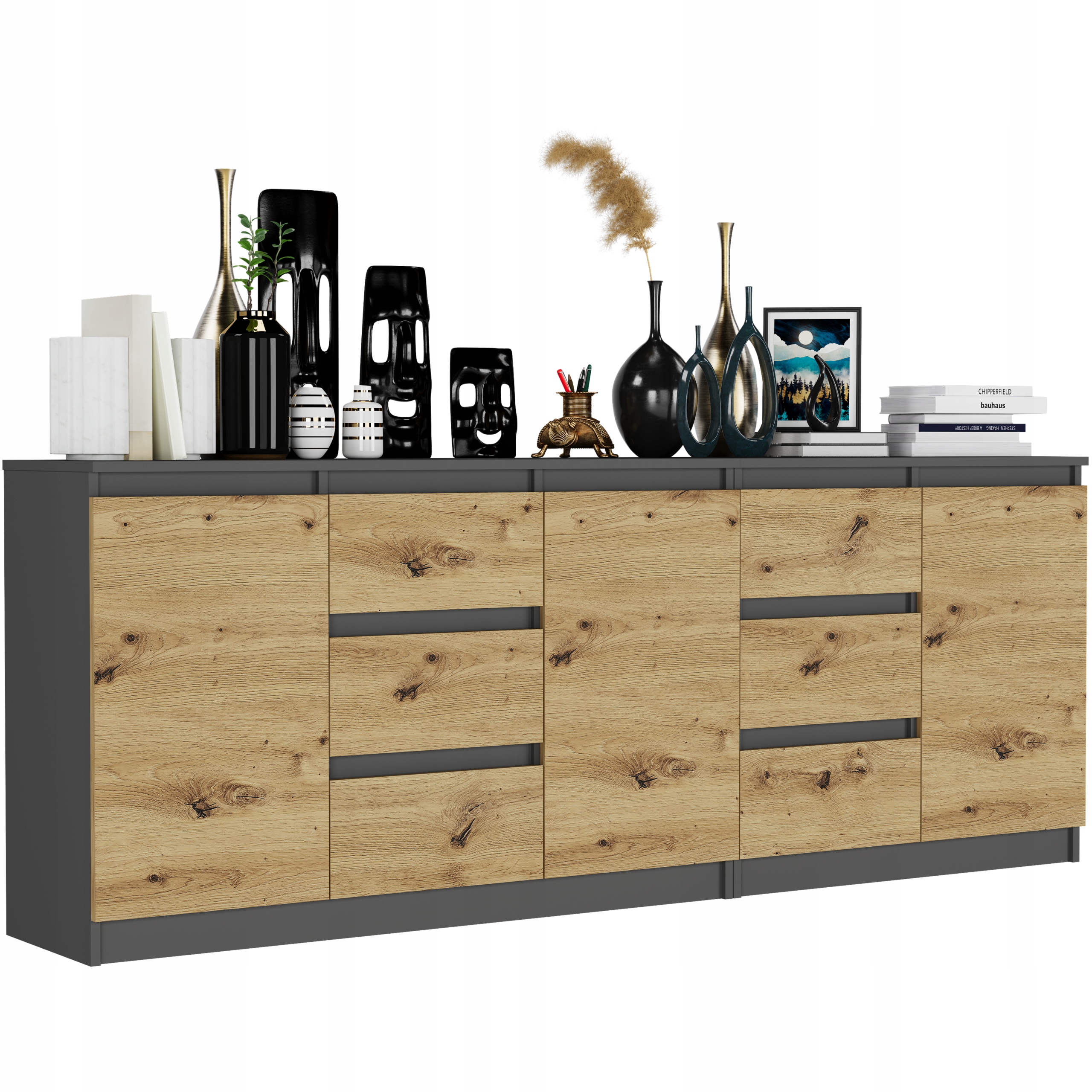 Komoda 200 cm Velká 6 zásuvek 3 Antracit Dub Artisan Moderní sada