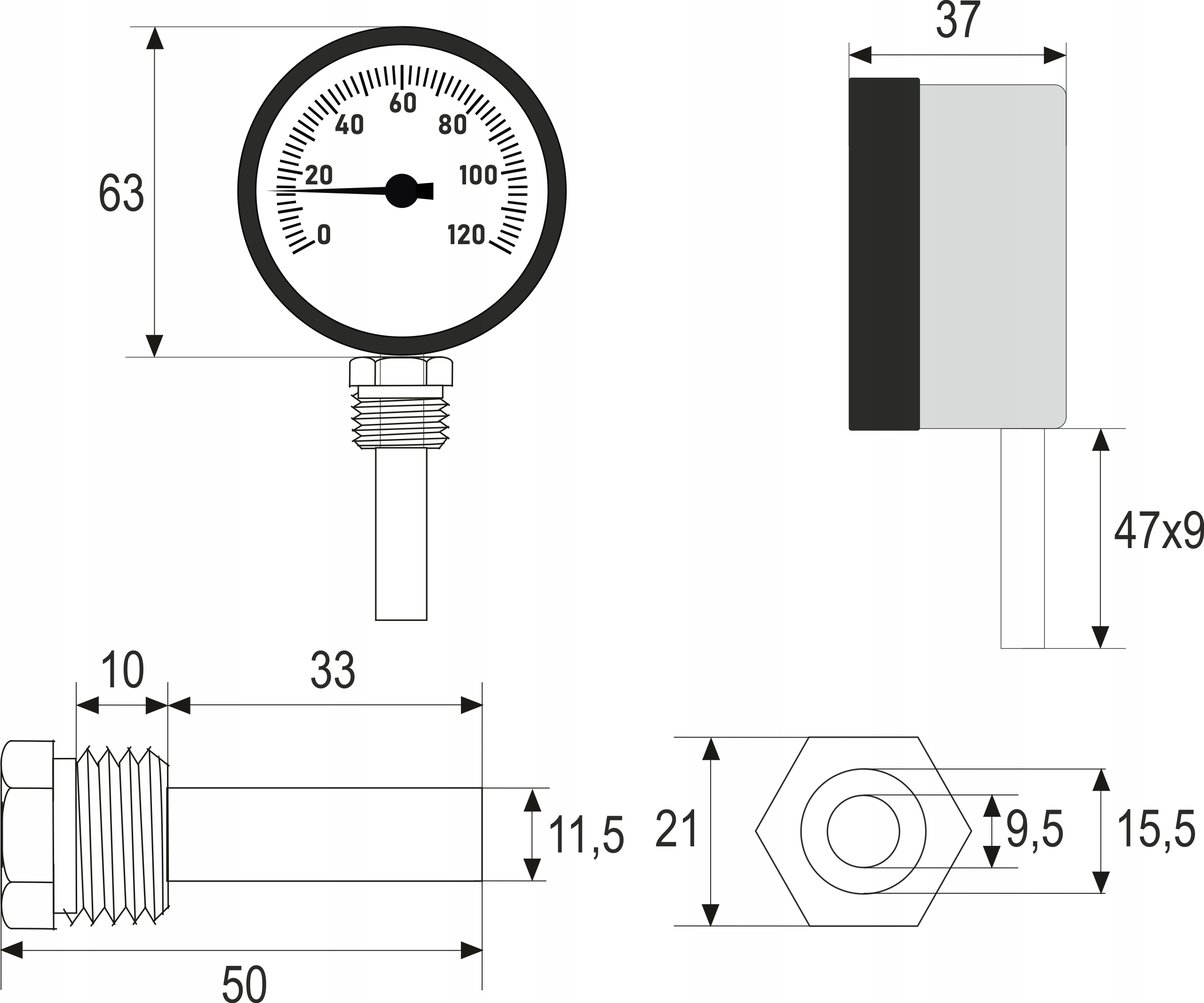 TERMOMETR radialny pionowy prosty dolny boczny 1/2 Sposób montażu Stojące funkcyjne Wiszące