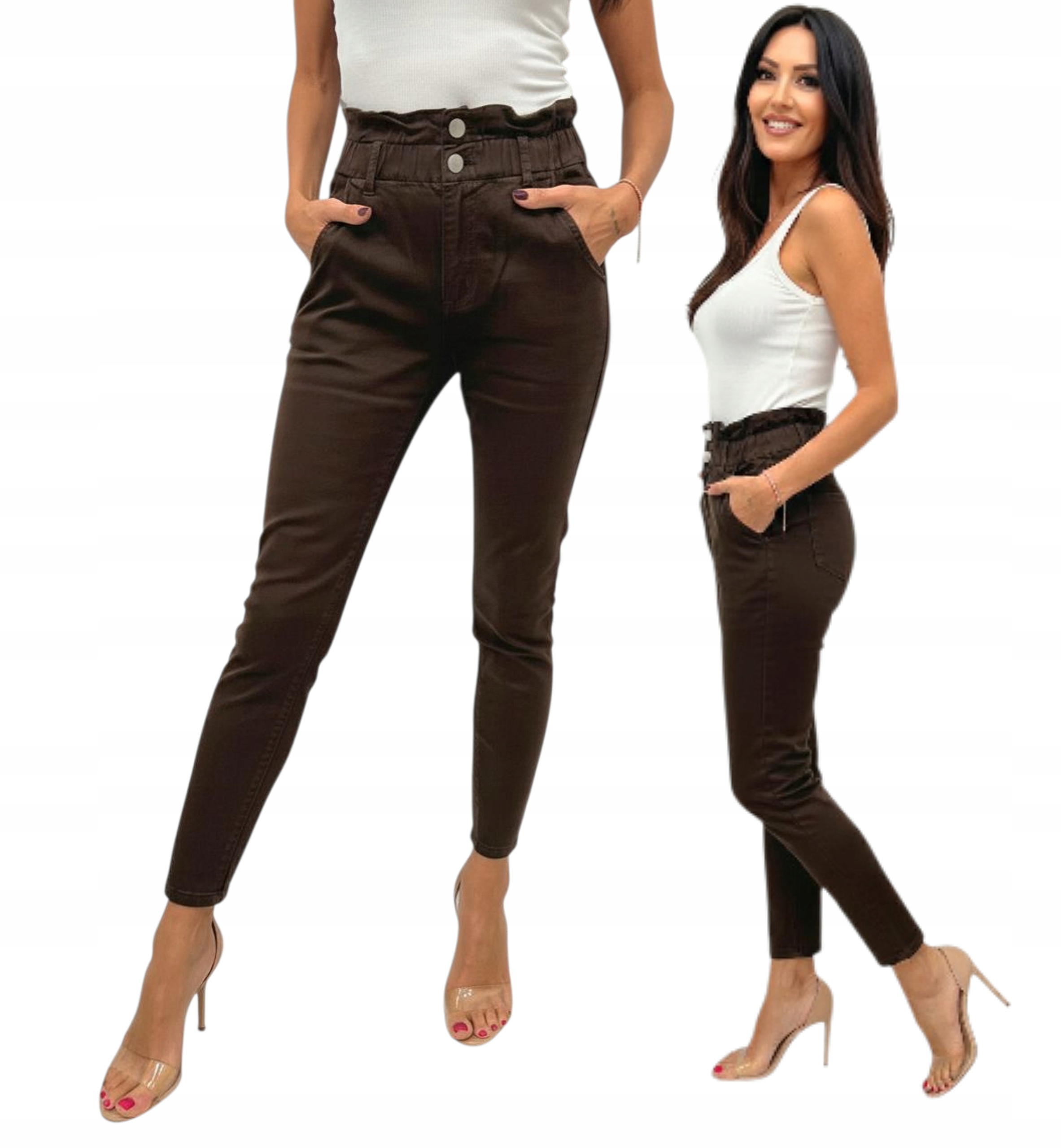 Damskie Czekoladowe Spodnie Typu Paperbag Jeans Rurki Falbana r. M \ 38