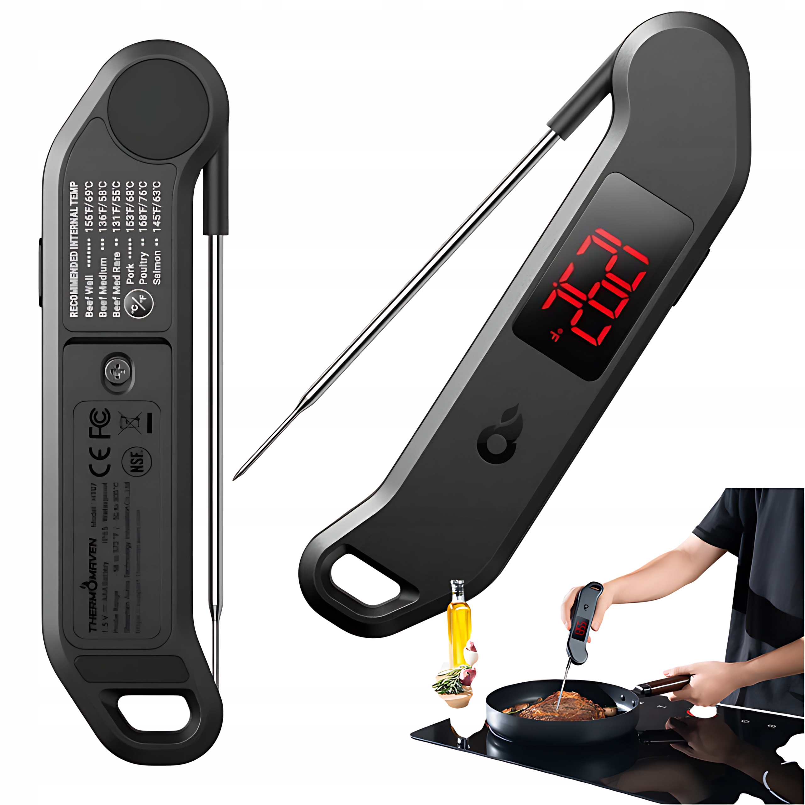 ThermoMaven Ruční teploměr F1 Stealt Led se sondou pro vaření jídla