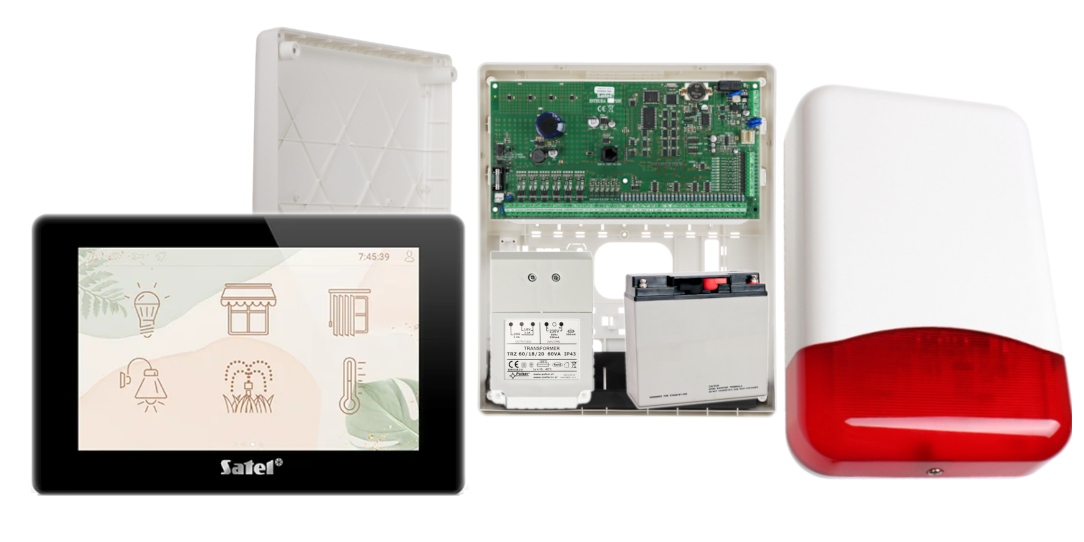 System Alarmowy Satel Integra 128 Panel Dotykowy 7" LCD Zestaw Syrena Aku