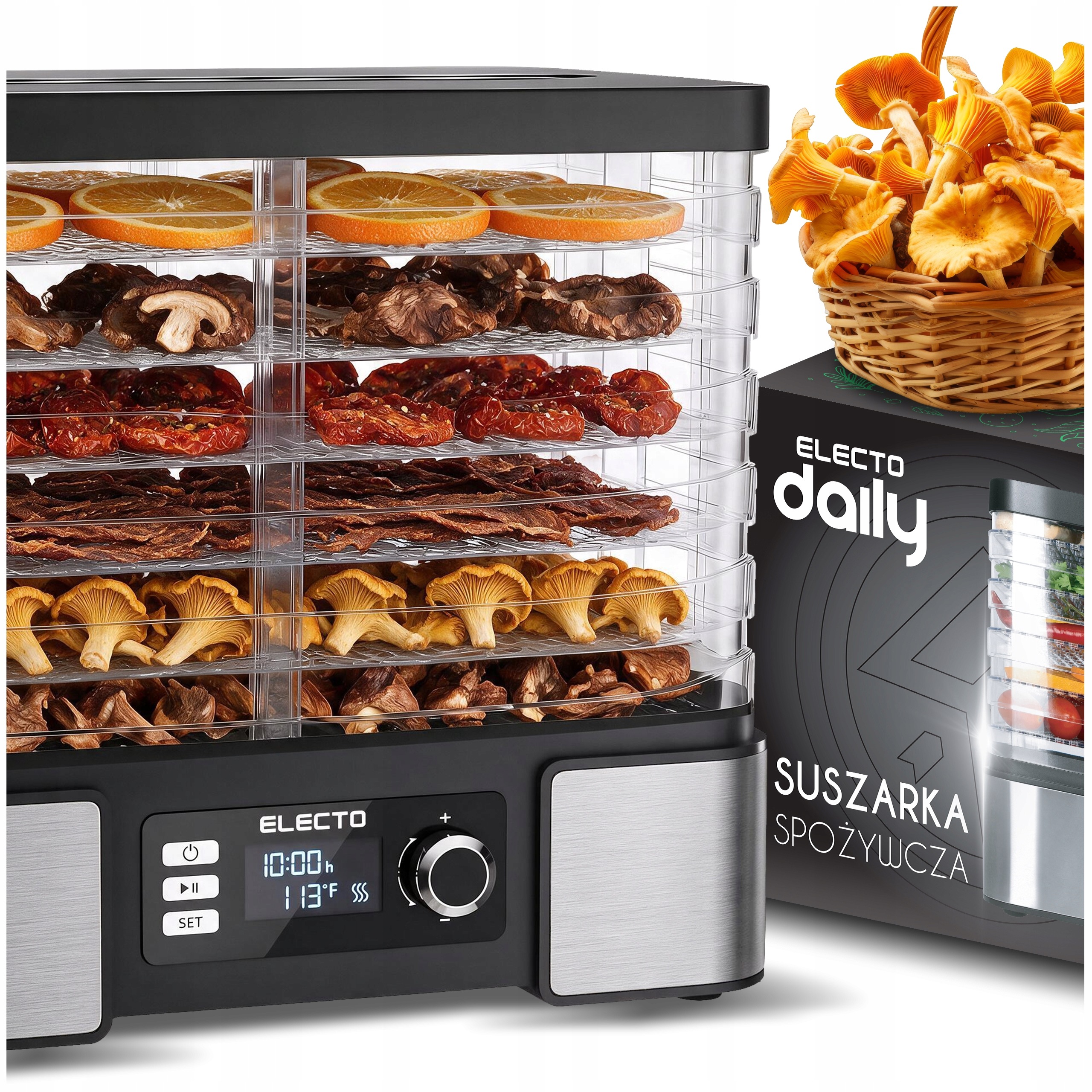 Suszarka Do Grzybów Owoców Warzyw Duża 15L Timer Termoobieg 500W 6 Sit