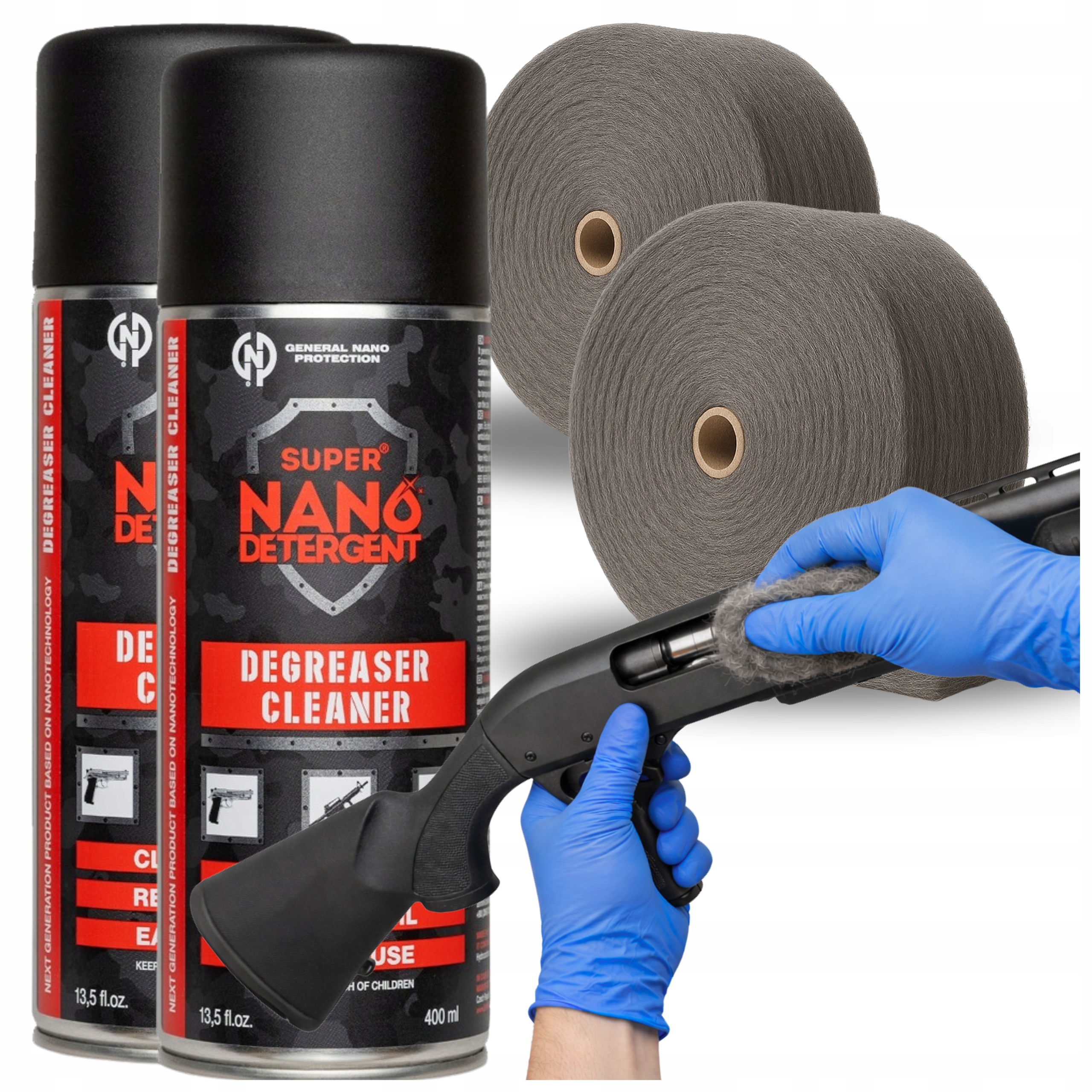 Sada na údržbu zbraní 2x Degreaser Cleaner 400 ml ocelová vlna 2 kg
