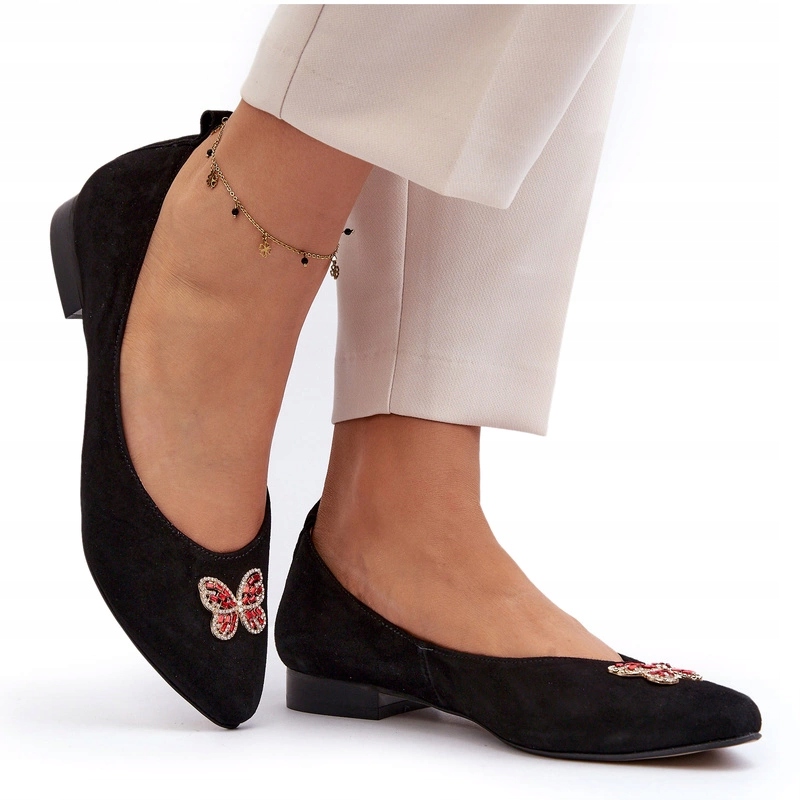 Semišové Balerínky S Ozdobnou Motýlí Aplikací Zazoo 2887 Černé 41