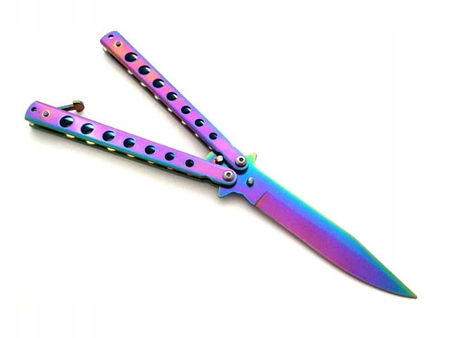 Nóż motylek balisong tęczowy oksydowany clip point stal 420 N495B