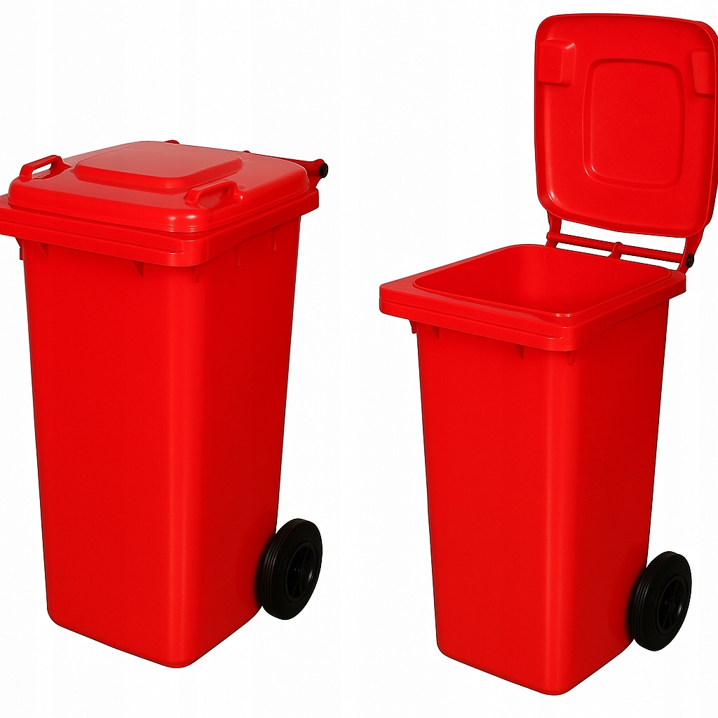 Pojemnik na odpady 120L czerwony z kółkami i pokrywą – na metale Medyczne