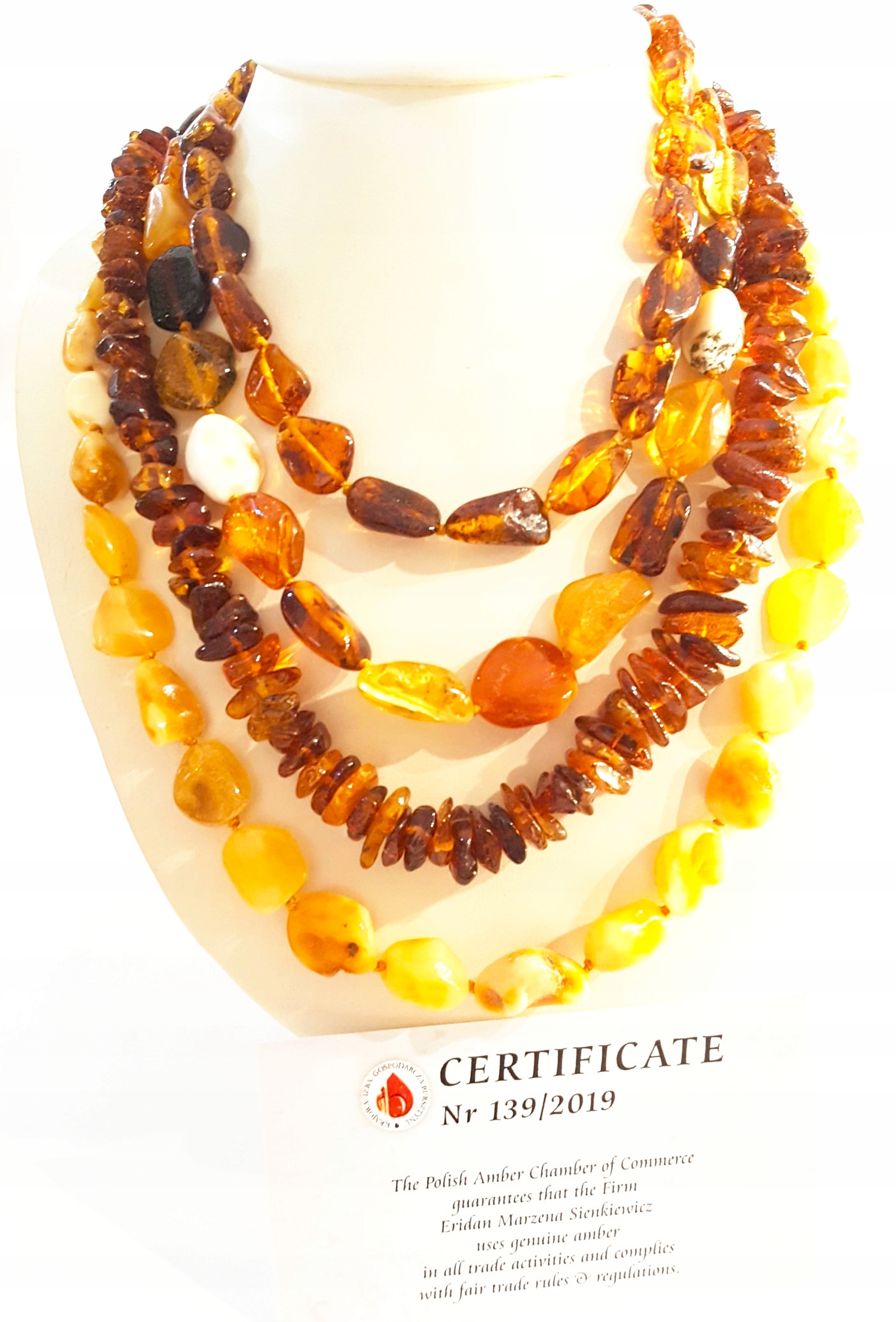 KORALE BURSZTYNOWE- SZLIF. *fasolka* BRĄZOWE -52cm Próba srebra 925