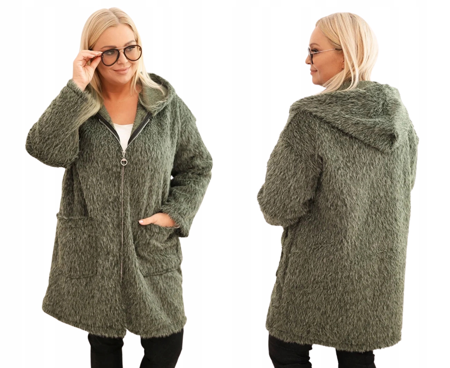 Dámská mikina s kapucí z viskózové kožešiny v khaki barvě pro větší velikosti