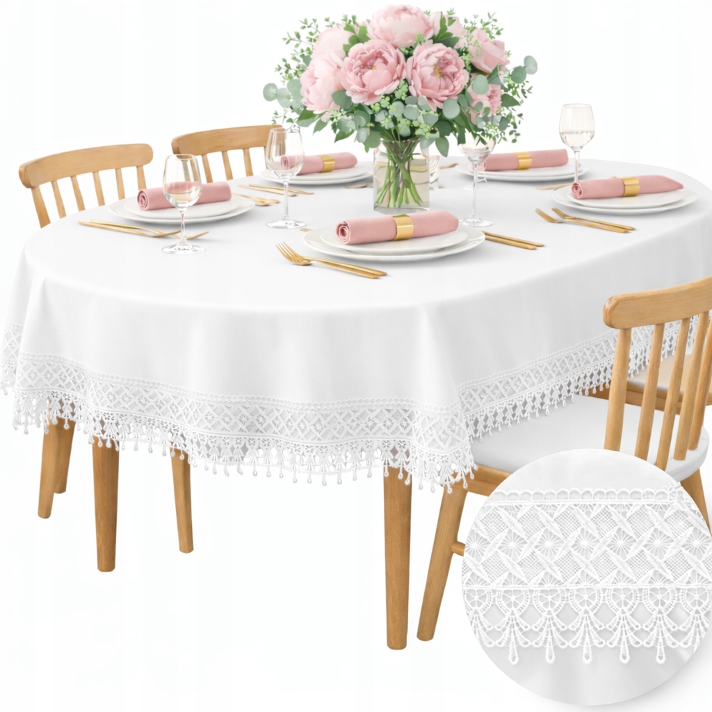 Oválný ubrus na stůl Elegantní Bílý Hladký na Vánoce s krajkou 140X200