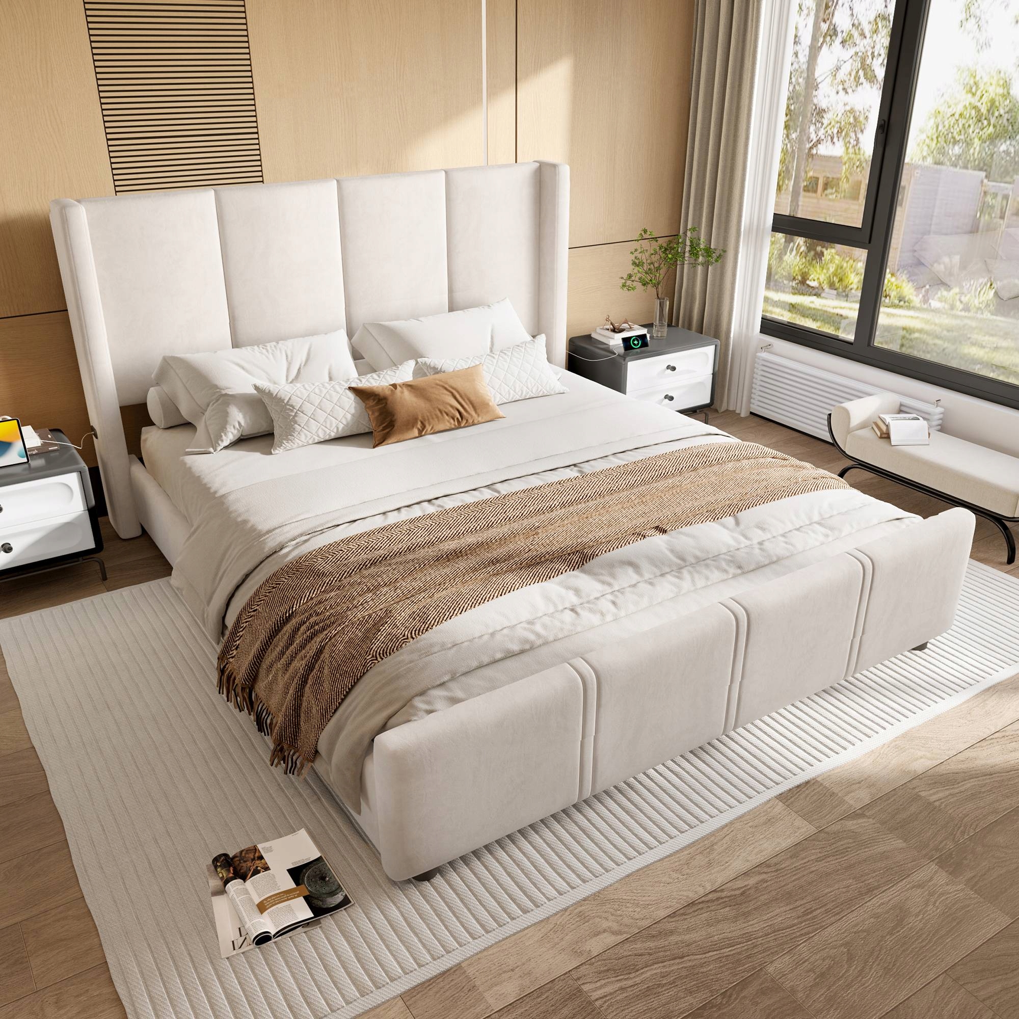 Čalouněná postel Dvojlůžko Vysoká opěrka hlavy Usb 160 x 200 cm Béžová