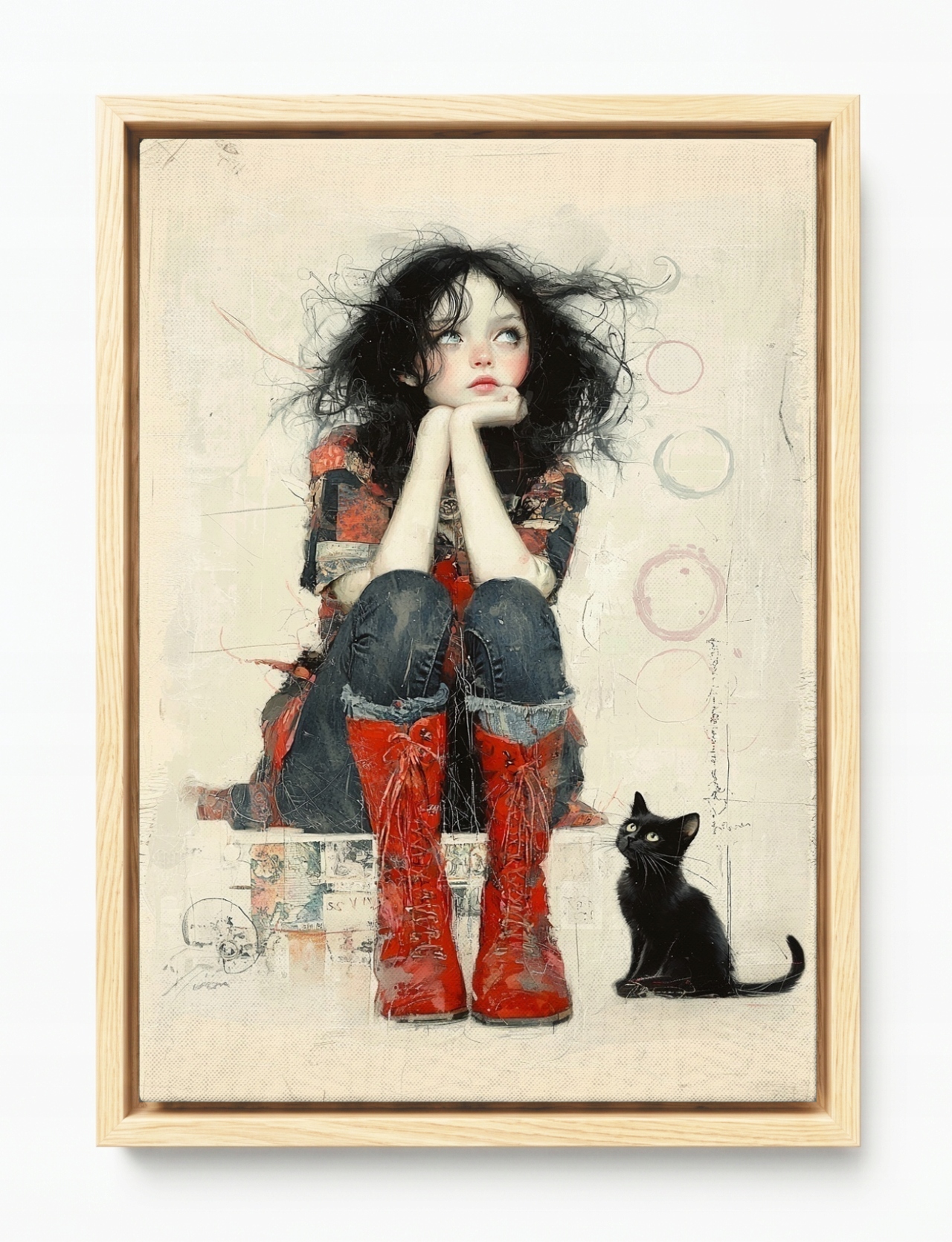 Obraz Rám Americký Box Snílka Dívka Černá Kočka Retro 80x120
