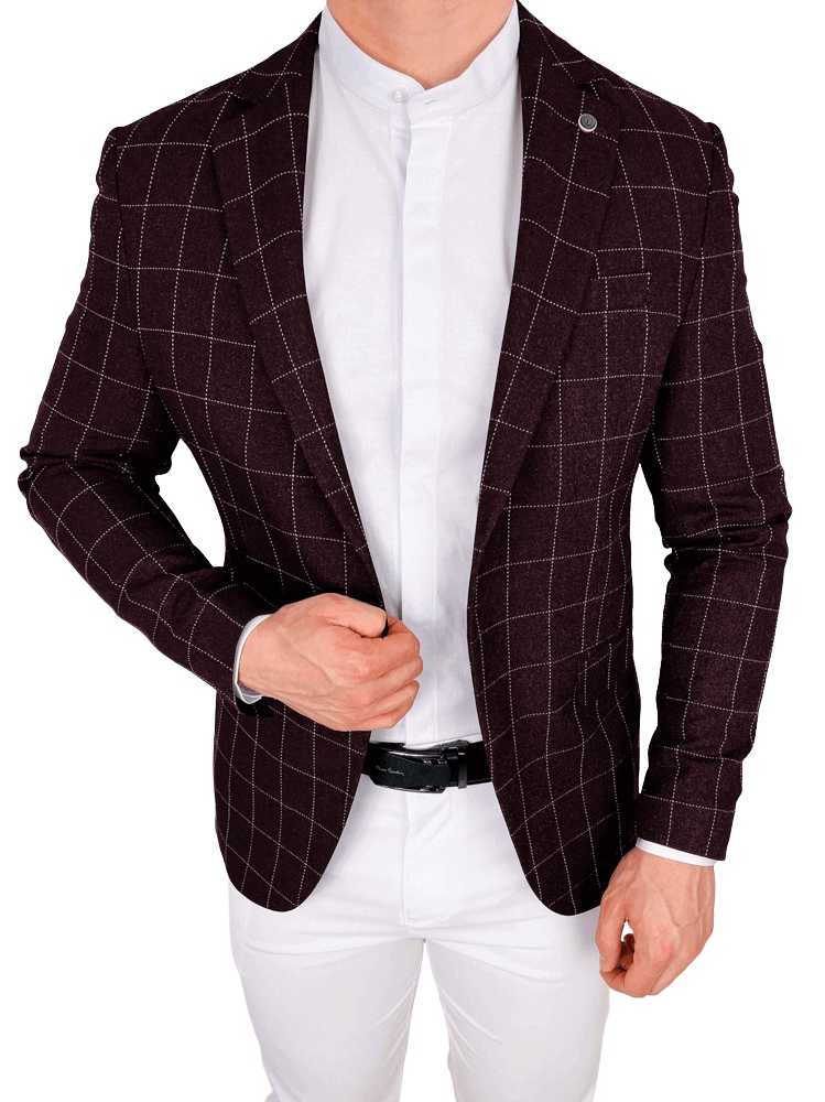 Bordowa marynarka meska w biala krate elegancka 56