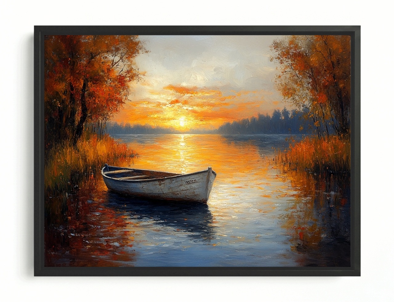 Obraz Rám Americký Box Krajina Jezero Loď Loďka Podzim Slunce 100x75