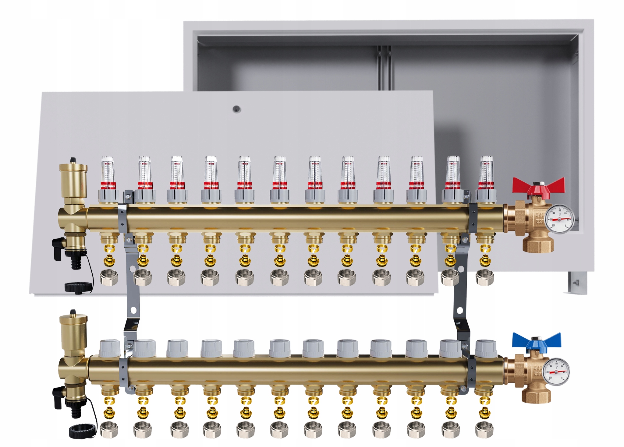 Rozdělovač podlahy 12 okruhů kulové ventily teploměr krabička Pex