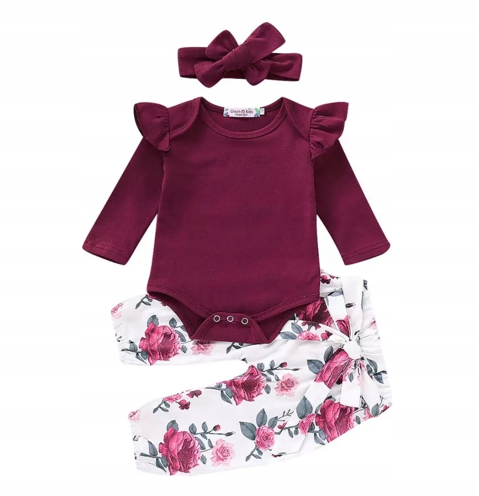 

Komplet bordo body spodenki kwiaty opaska 80 86 92