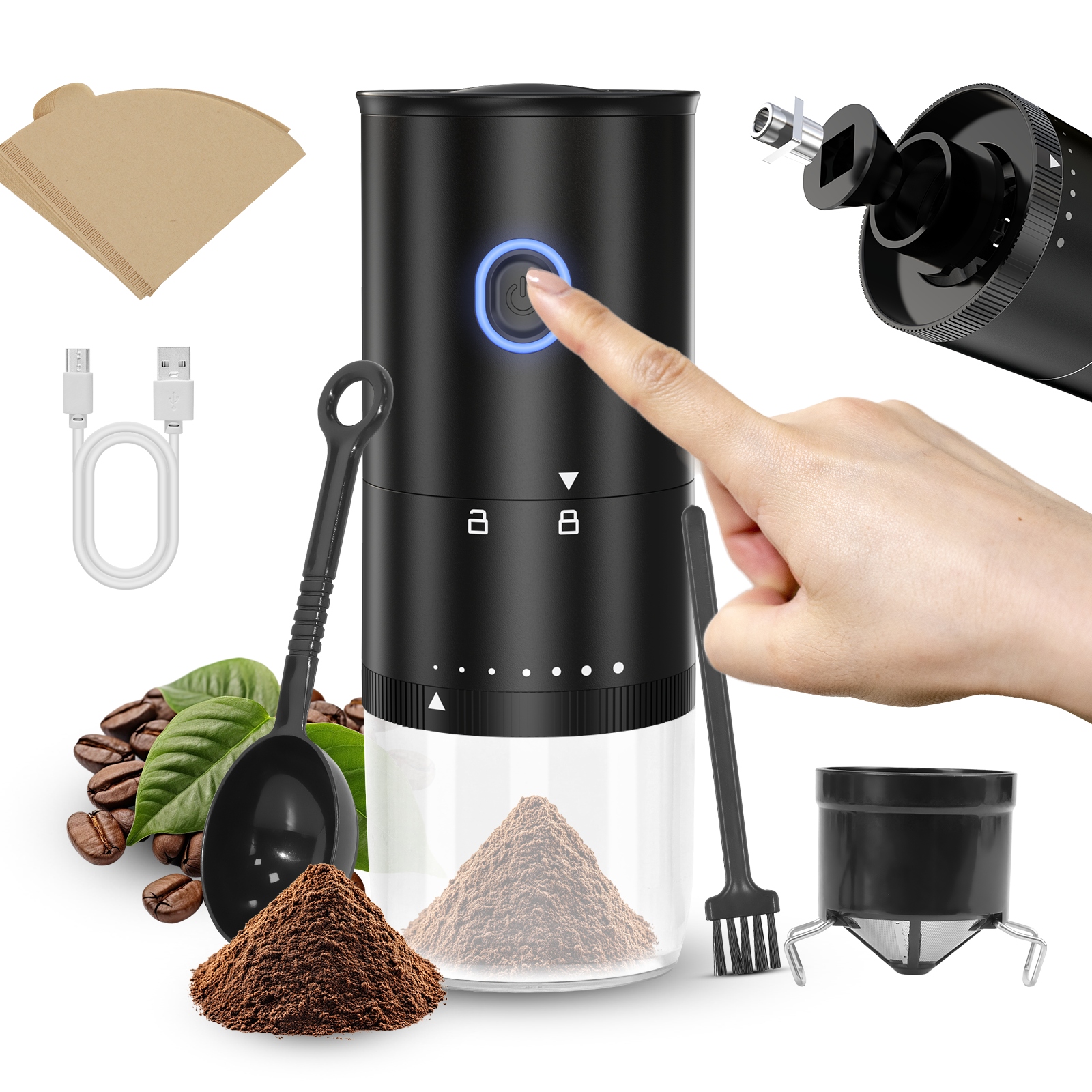 7w1 Elektryczny Młynek do Mielenia Kawy Przypraw Przenośny Usb z Regulacją