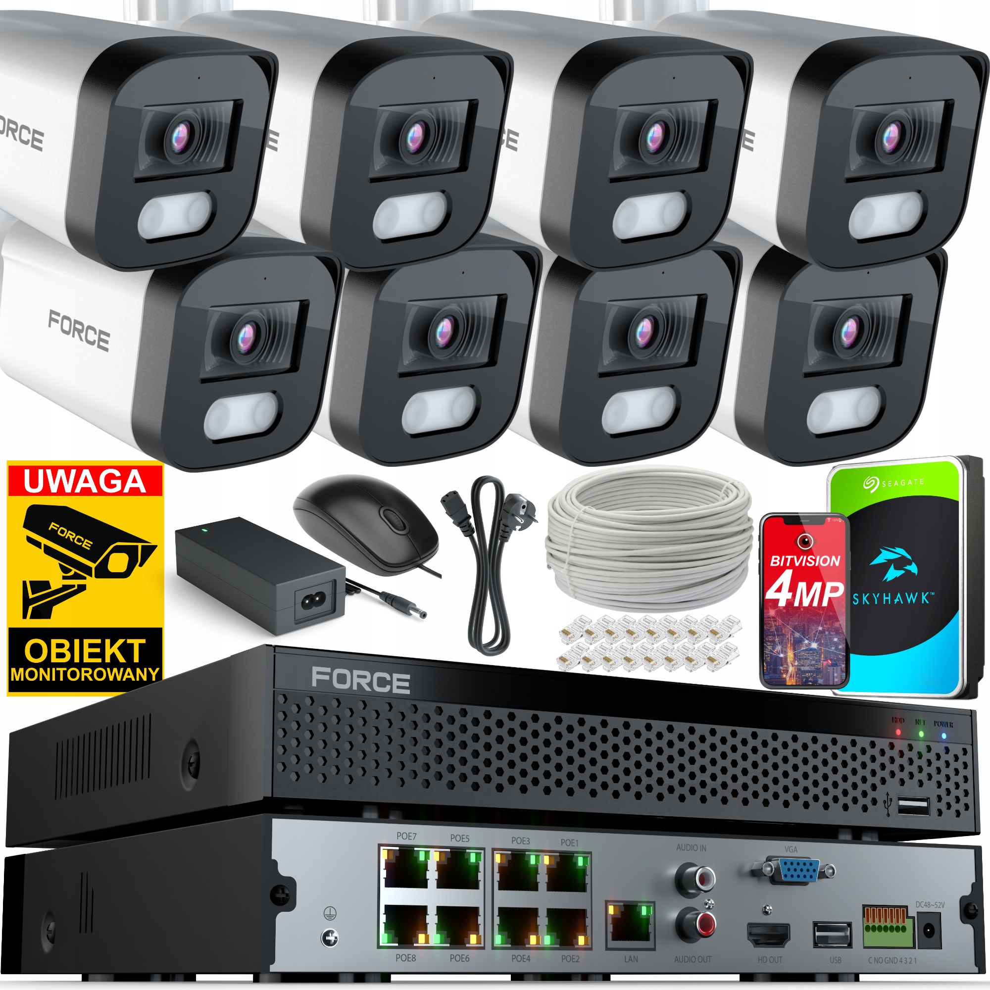 Force Monitorovací sada 8x Ip kamera 4MPx 2K, 1TB Disk, Poe Rekordér