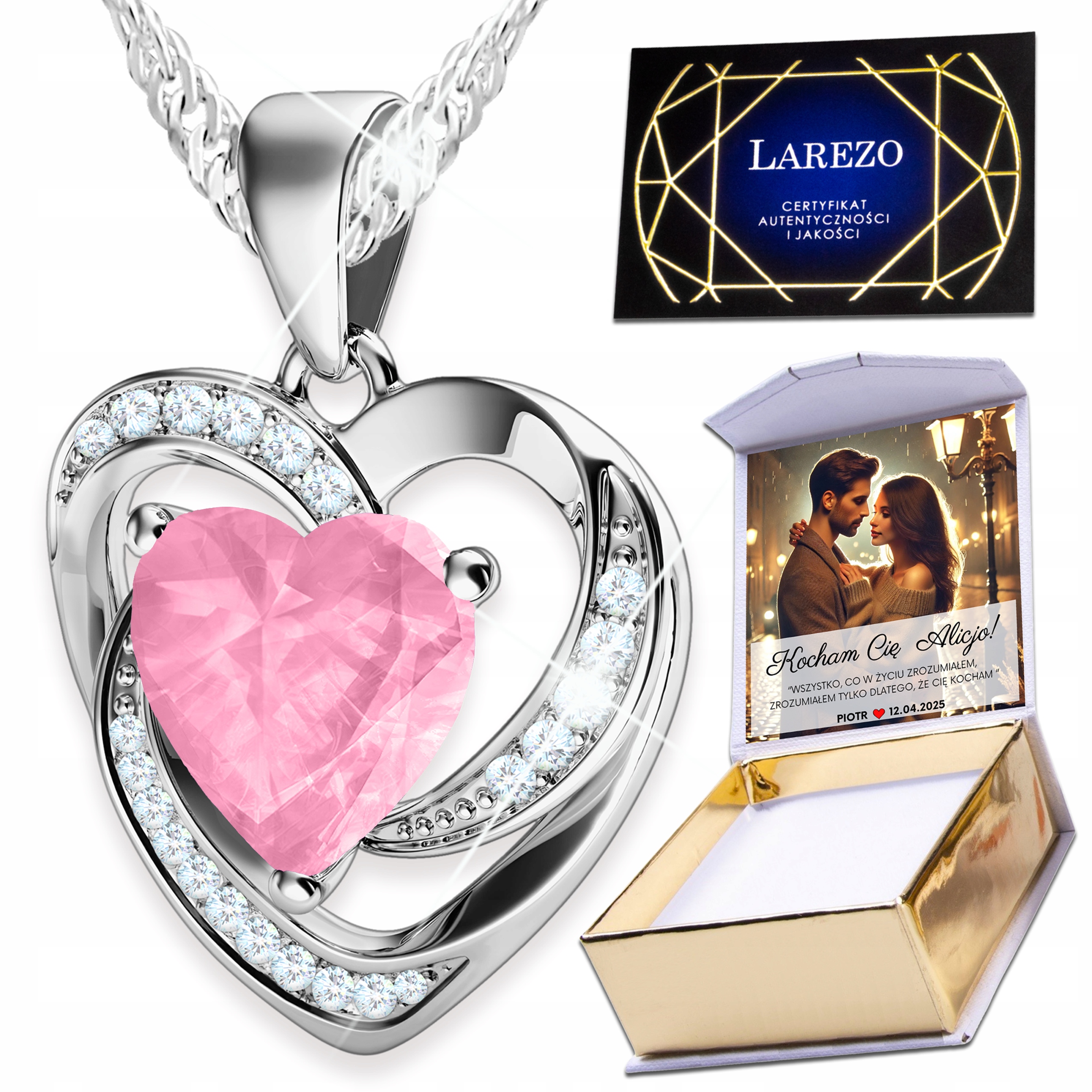 Stříbrný náhrdelník 925 Křišťálové srdce Růžové Zirkon Lesklý Love Print