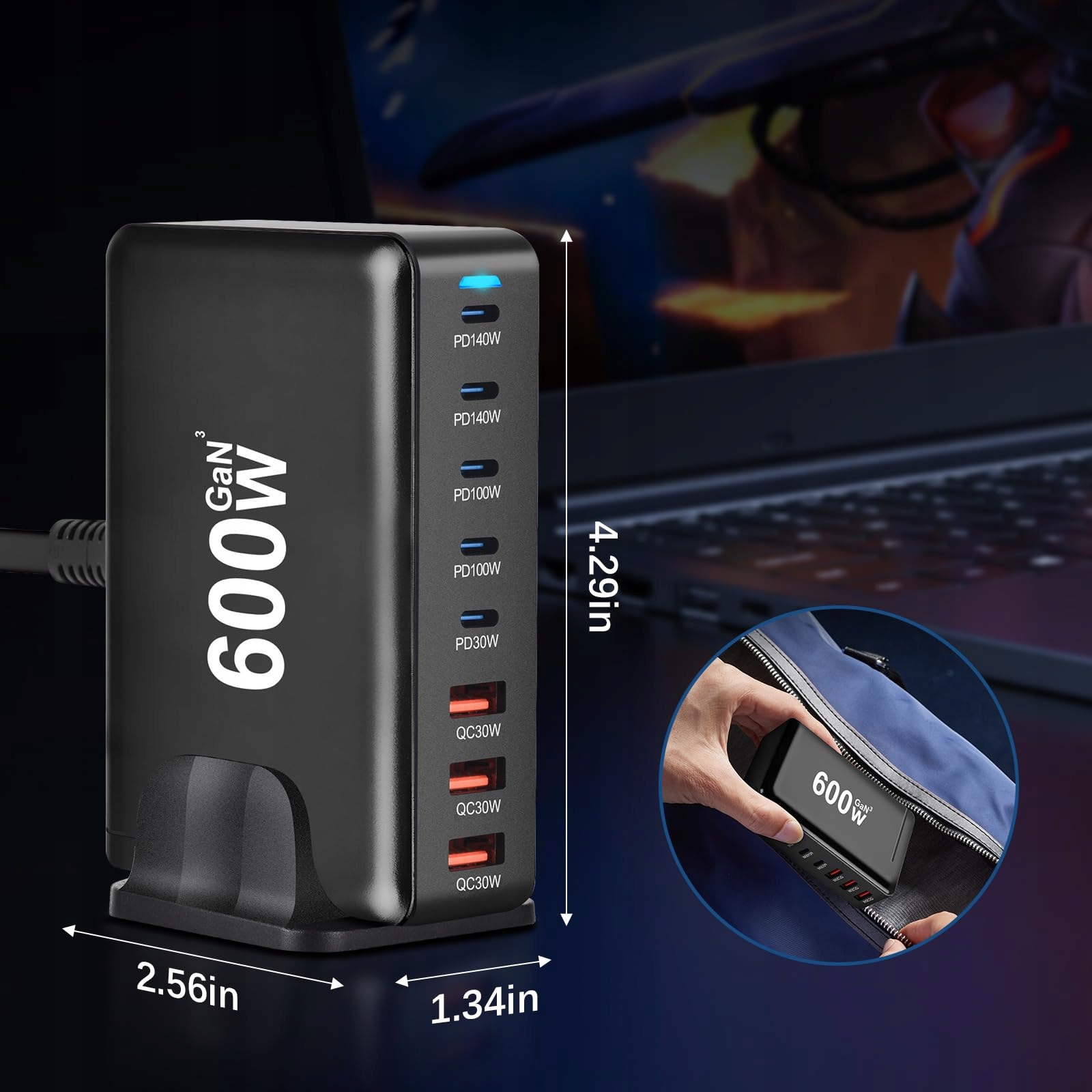 QIQIAZI Ładowarka USB C 600W 8 Portów Szybkie Ładowanie MacBook iPad Androi — miniatura 7
