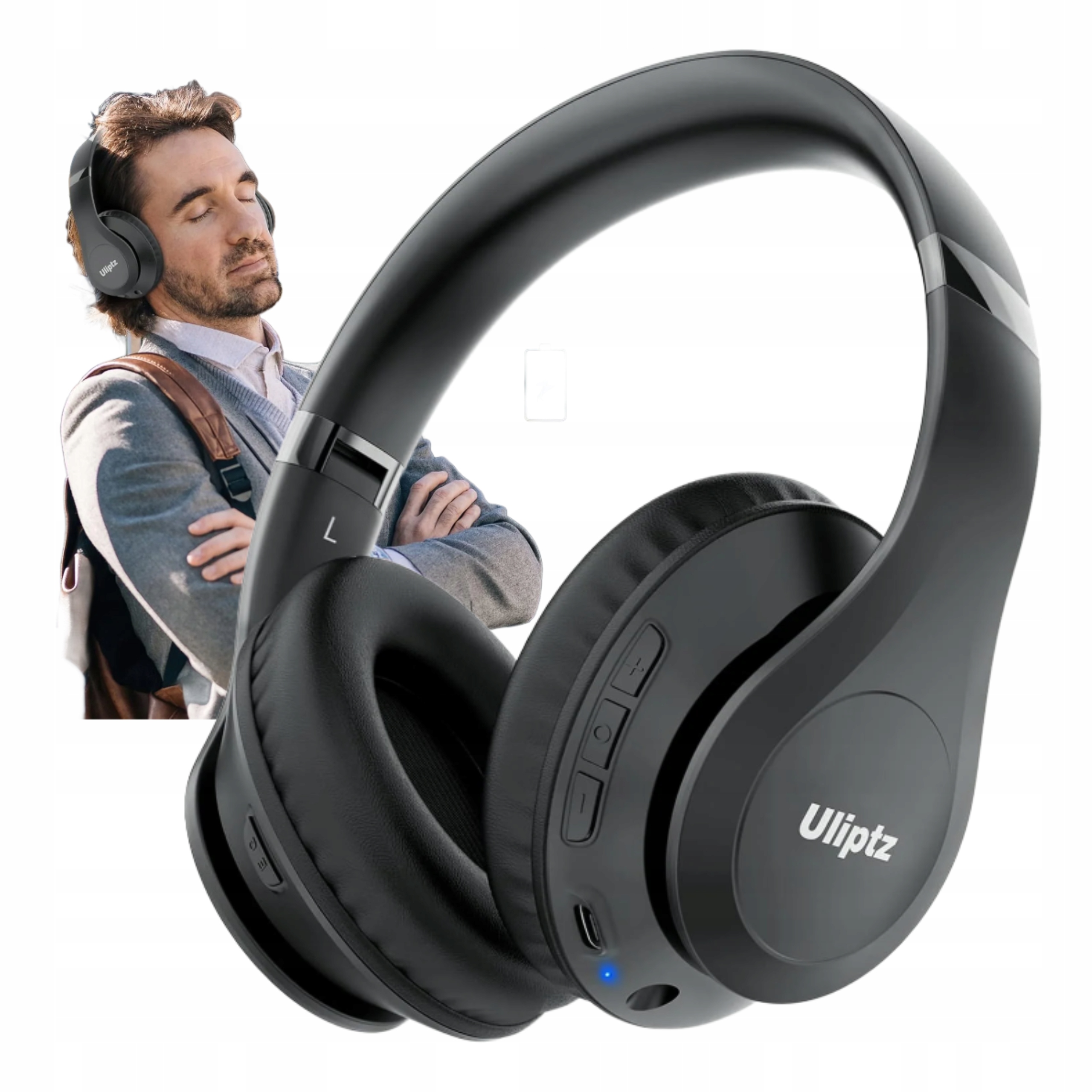 Bezdrátová sluchátka Bluetooth 5.3 65 h, skládací, přes uši, černá, lehká