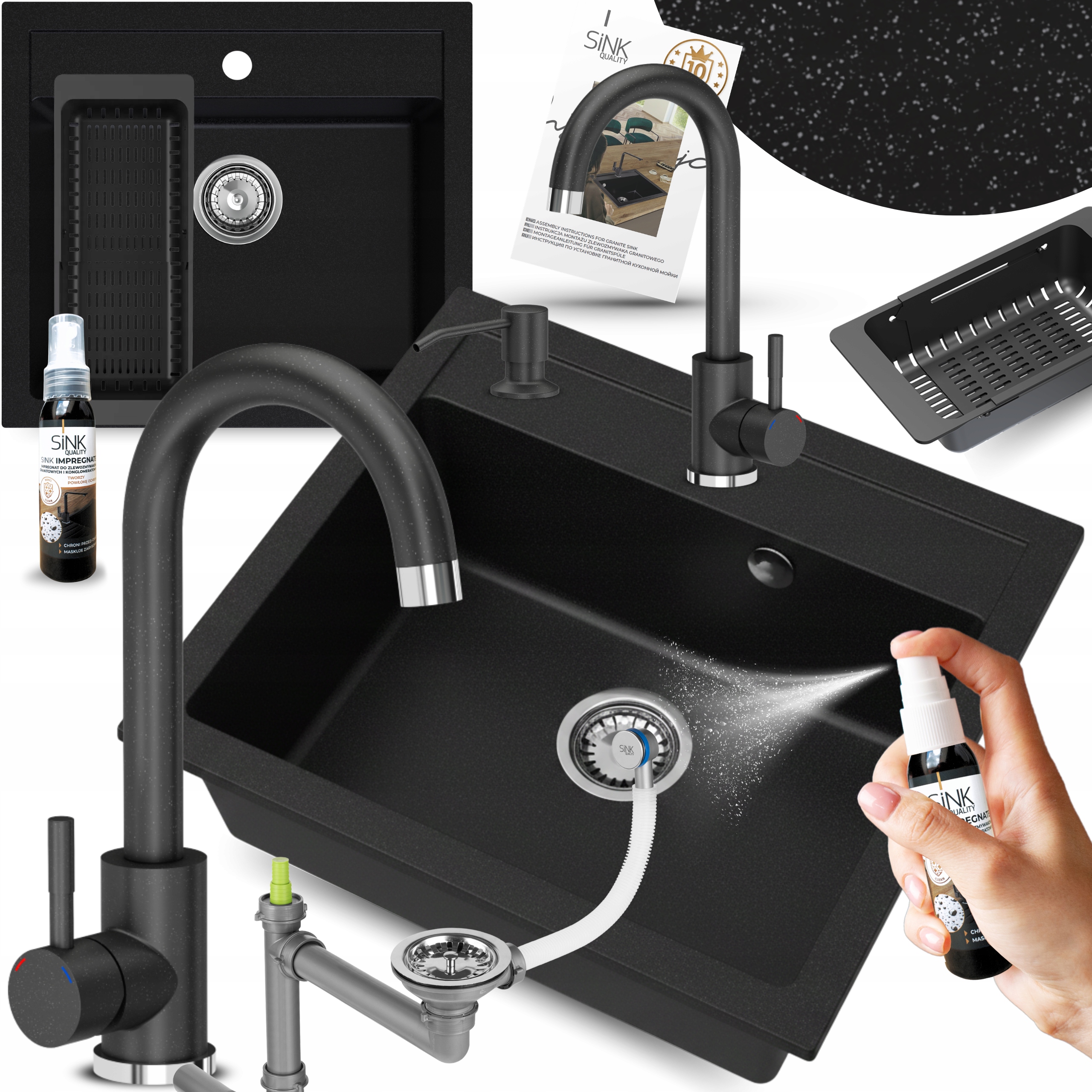 Granitový dřez Jednokomorový 60 cm grafit s dávkovačem baterie 11 ks