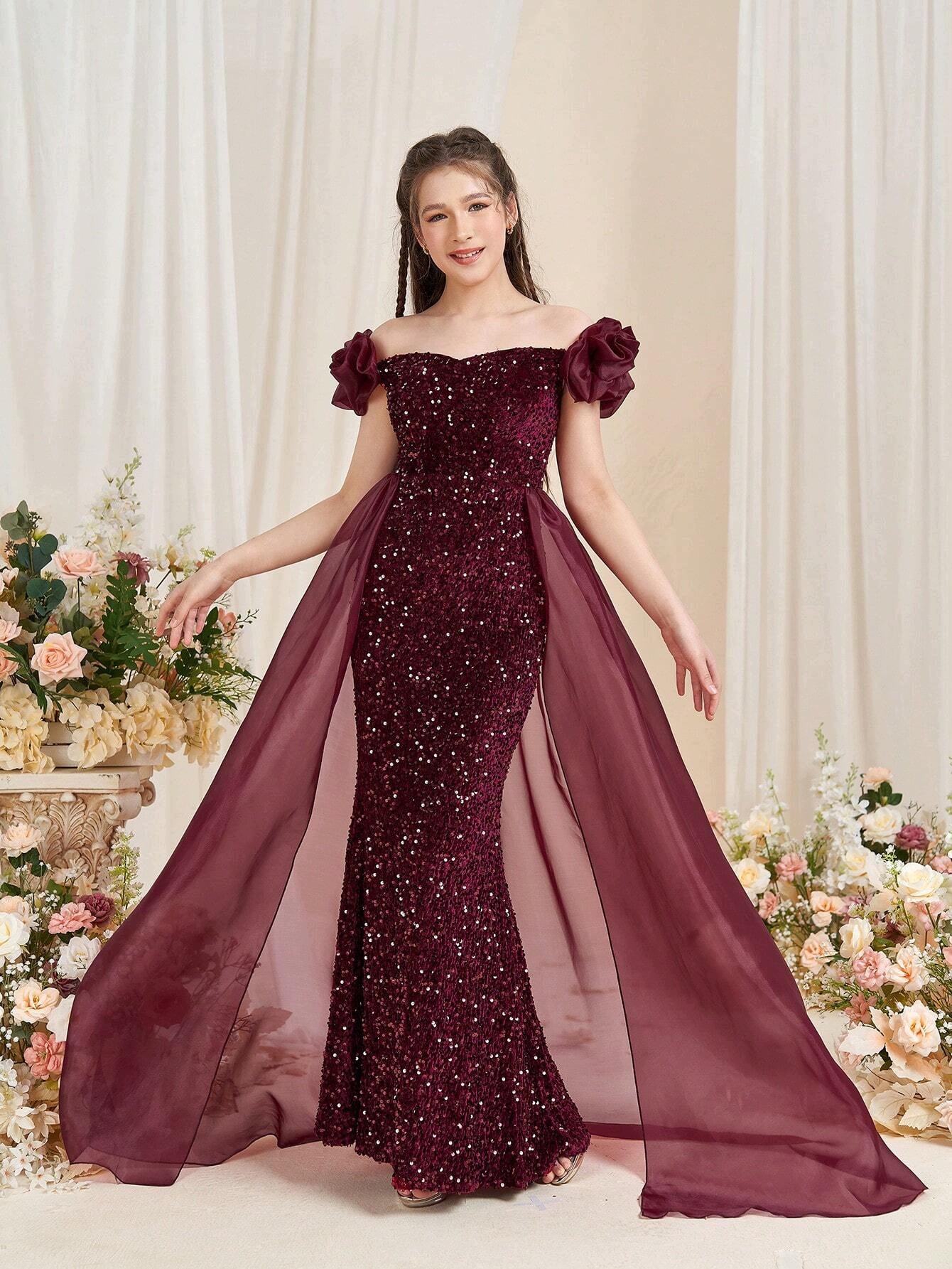 Shein Bordowa Rozkloszowana Sukienka Na Wesele Z Cekinami 152-158 1MA