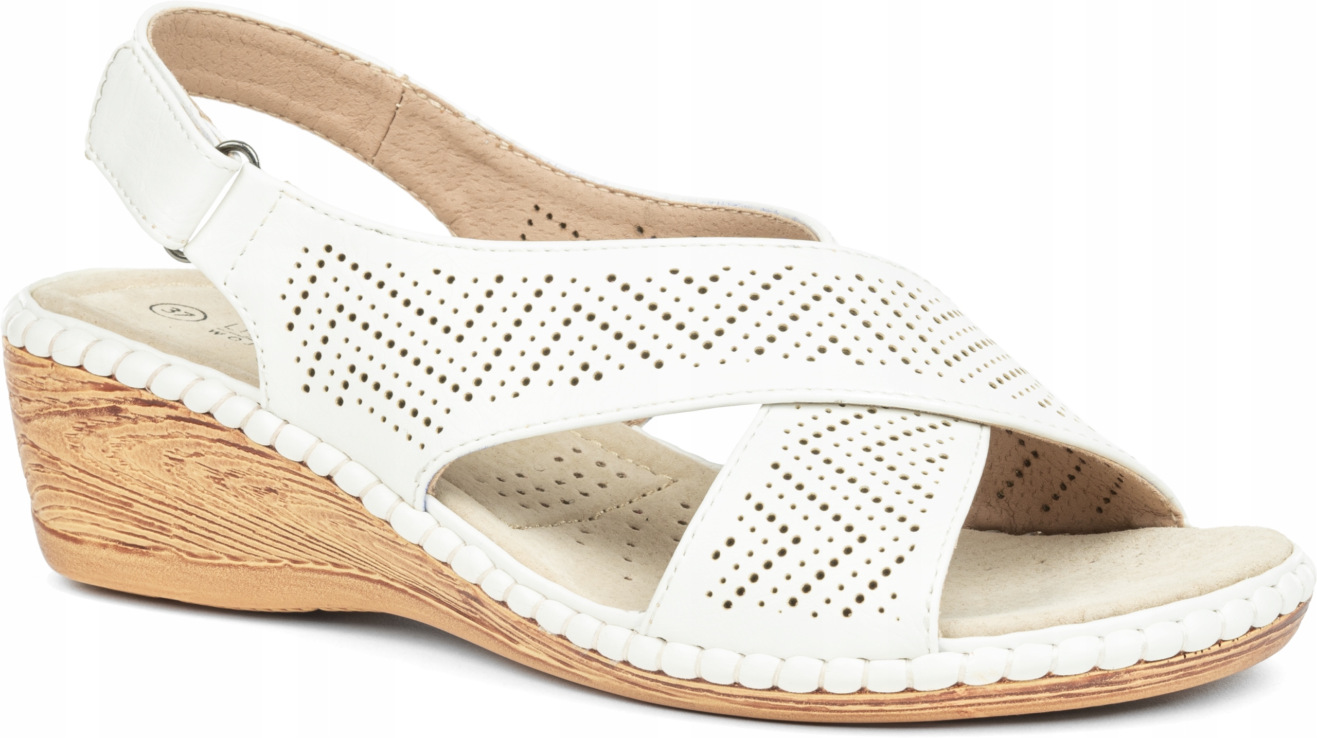 Sandały na koturnie ażurowe na Rzep w.SKÓRA białe vanilla Wojtyłko 41