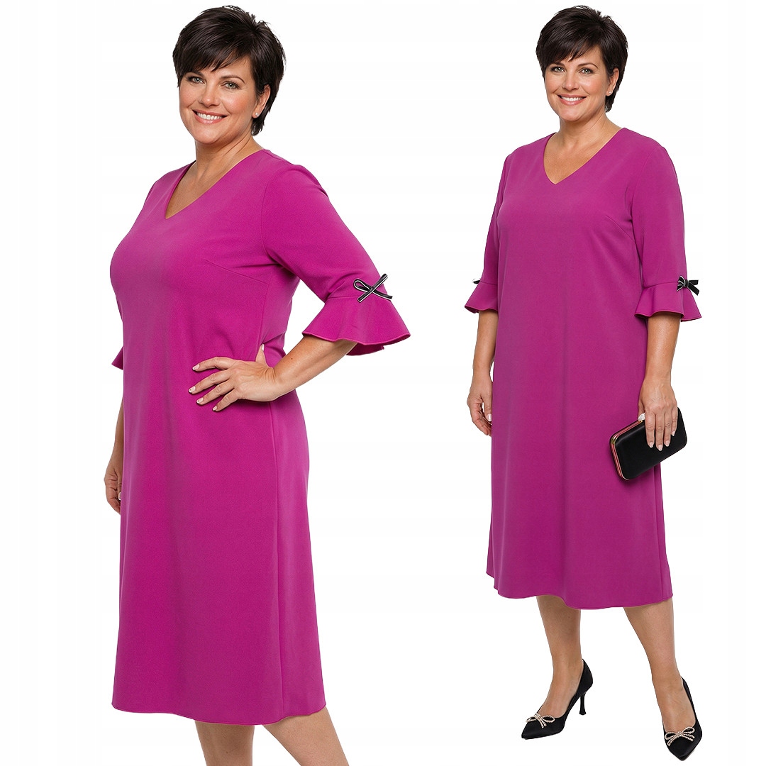 Fuksjowa sukienka z czarnymi kokardkami plus size rozmiar 56/58