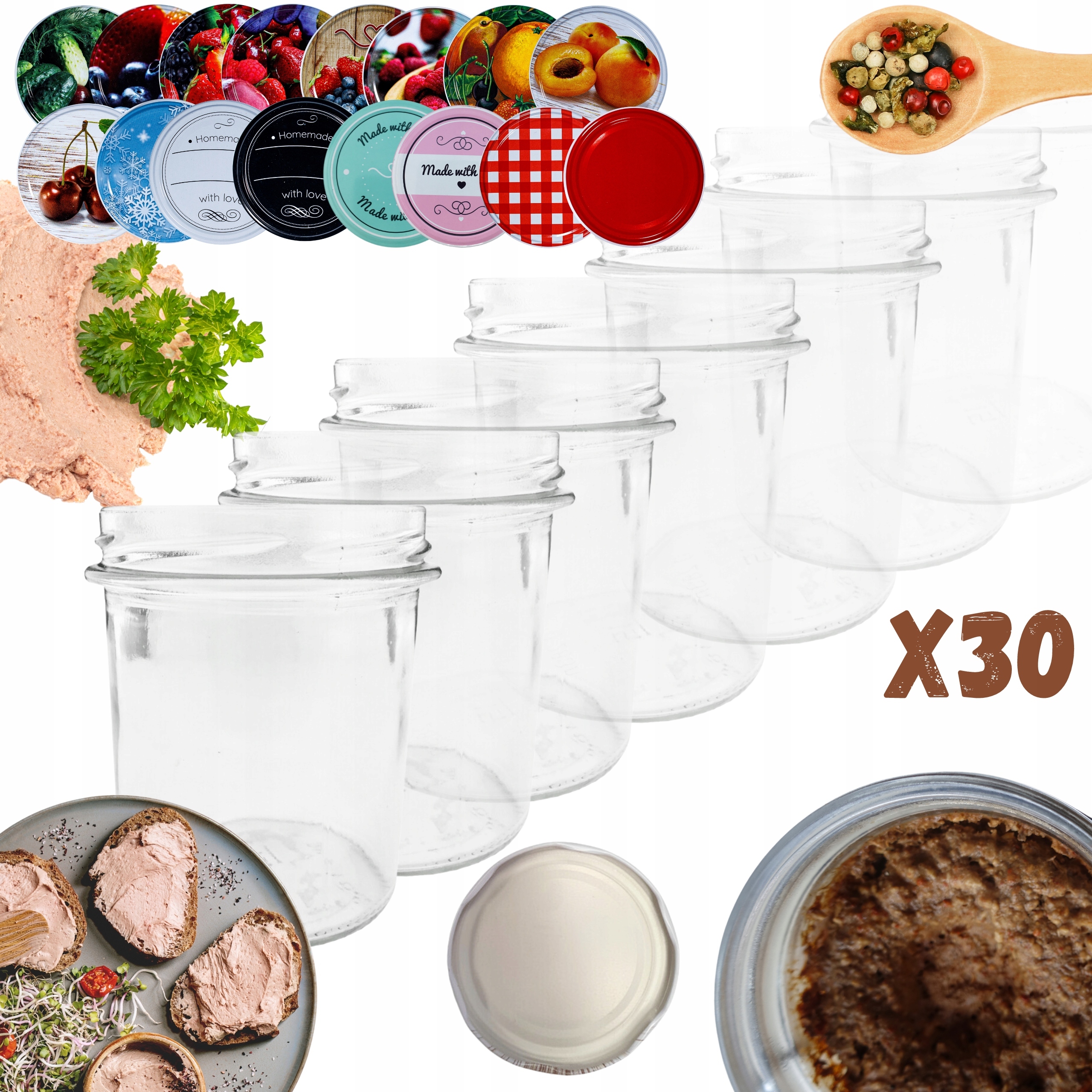 Sklenice 346 ml 30 Kompletů s Víkem sklenice na paštiku, džemy, houby 82 mm