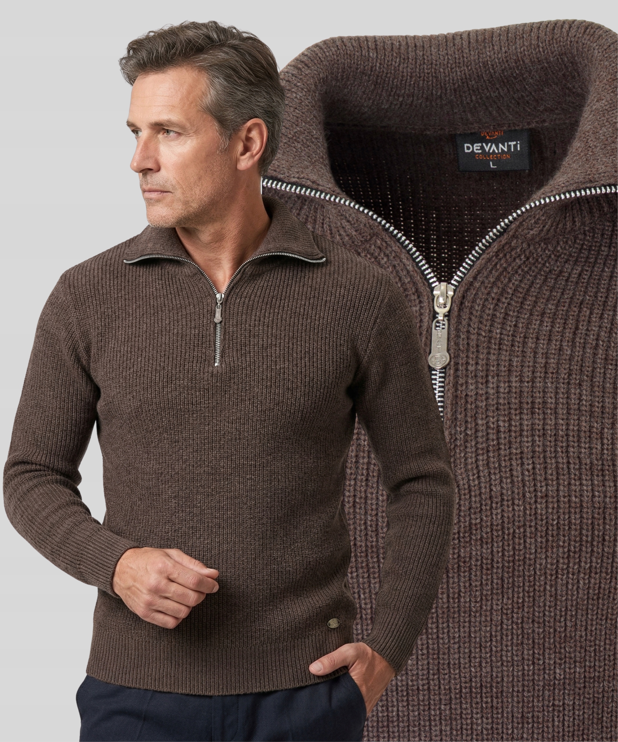 Sweter Męski Krótki Zamek Brązowy Ciepły Turecki Jesienny XL