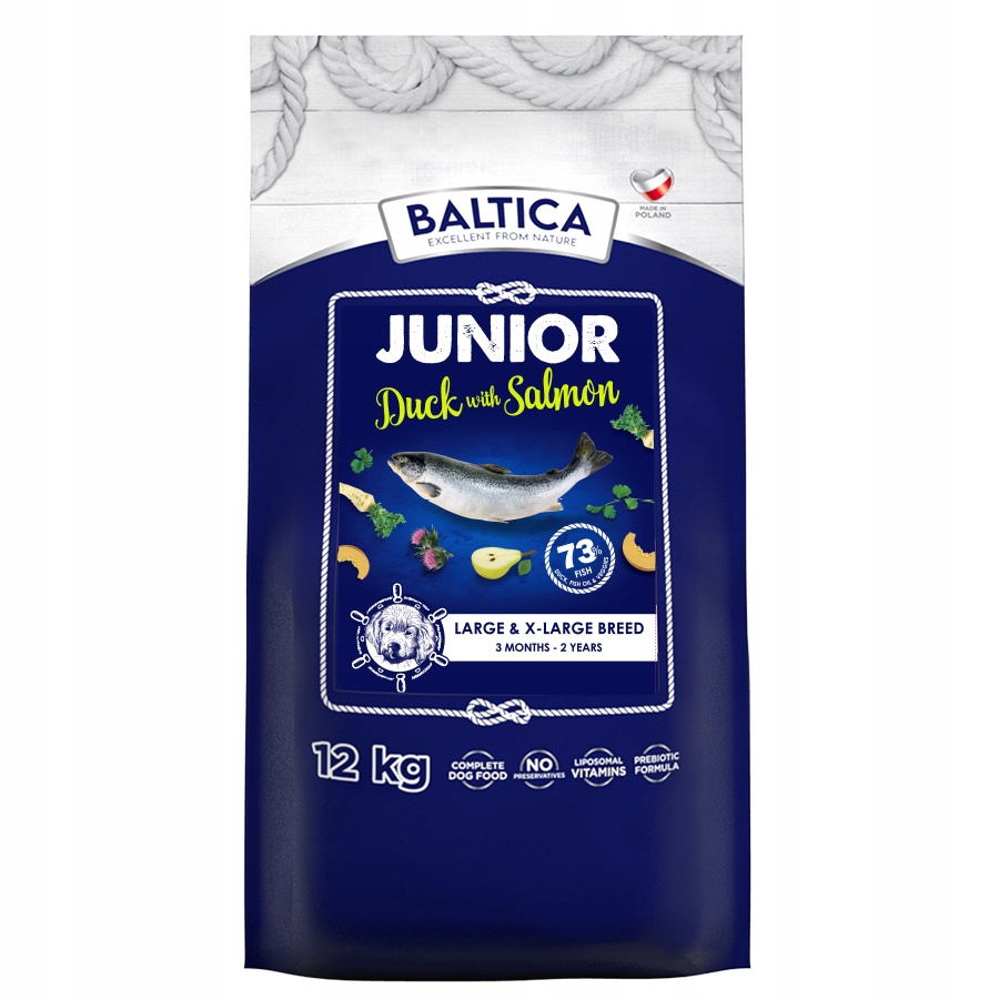 Baltica Junior Kaczka Łosoś L/XL 12kg Bezzbożowa Sucha Karma Dla Szczeniąt