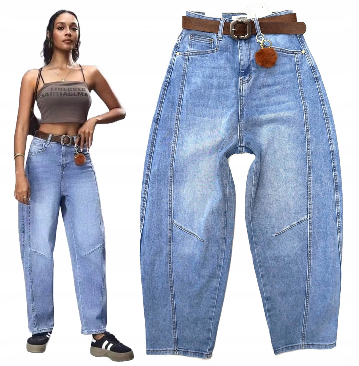 M.sara Wyjątkowe Damskie Spodnie Jeansy Balloon Fit Szycie Brelok