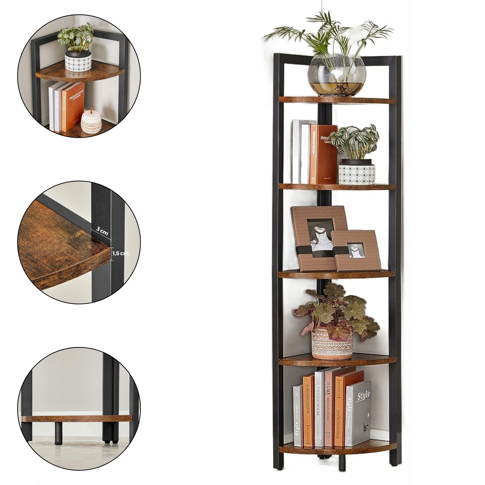 Rohový regál na rostliny 30x30x150 cm Loft Rustikální Bronz Černá