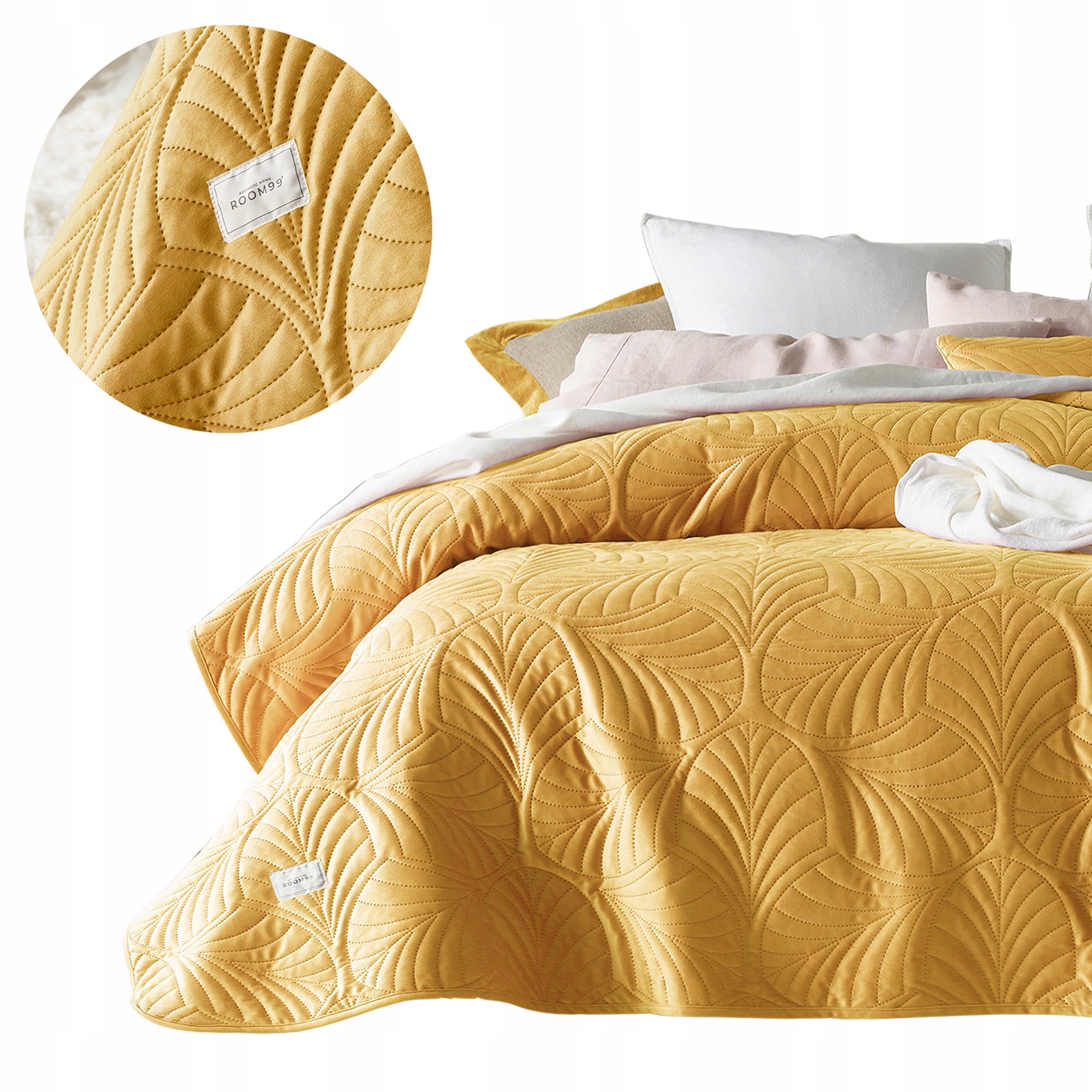 ROOM99 Přehoz na postel 200x220 hořčicový s velurovou prošívanou pohovkou Feel