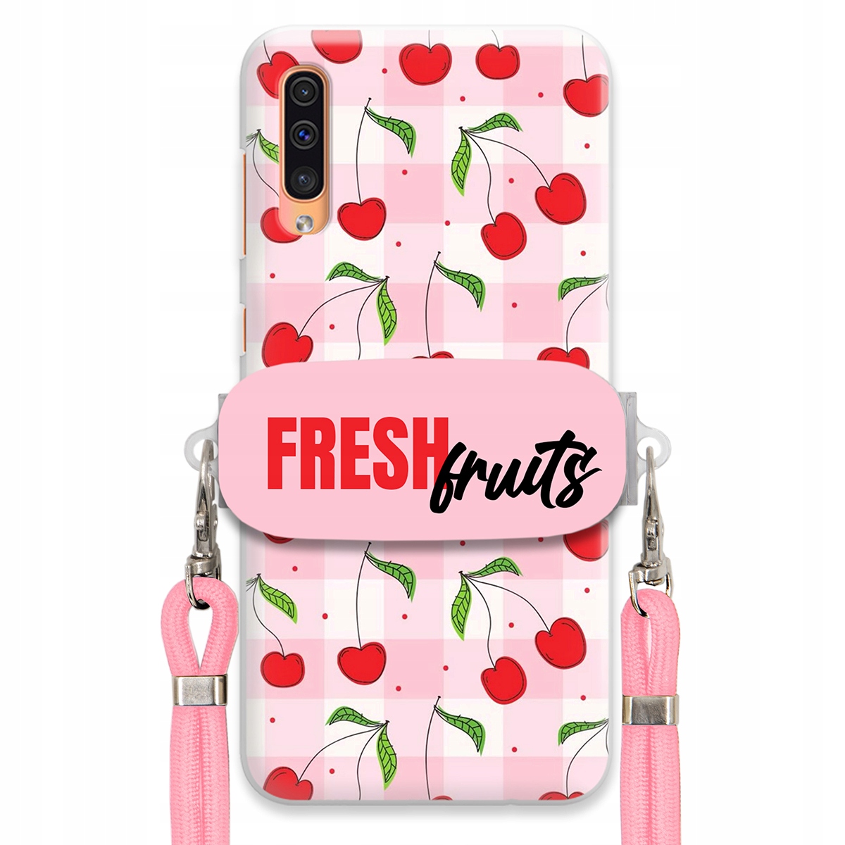 Puzdro na Samsung A30s Case držiak na šnúrku ruží Fresh Fruits Mriežka Ovocie